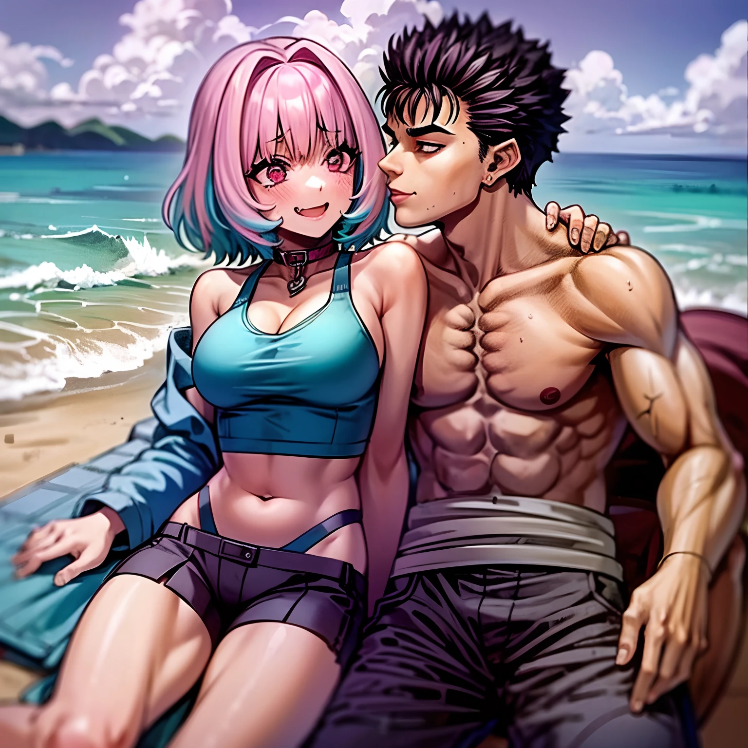 masterpiece, best quality, 1girl, riamu, blue shirt, pleated skirt, solo, simple background, bikini, beach, riamu and guts, husband and wife, couple happy in a beach, , purple hair,1boy, sitting in couple, affection, love,relationship, lovey dovey, happy, , smile, 2character, guts pants, kiss, kissing, guts pullover, riamu bikini