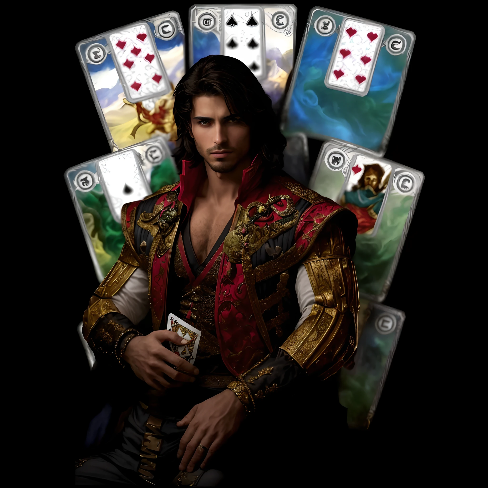 Homem arafed sentado em um trono com cartas de baralho, handsome prince of persia, Gwent, poker, card art, Rei, renaissance prince, O Homem do Jogador de Cartas, Michael Cavalo (Motor irreal, tarot cards characters, magica, tarot cards!!, [ Tarot card ]!!!!!, Cards, The Magician, Arte do Jogo de Cartas de Fantasia, front game card, stoker card style