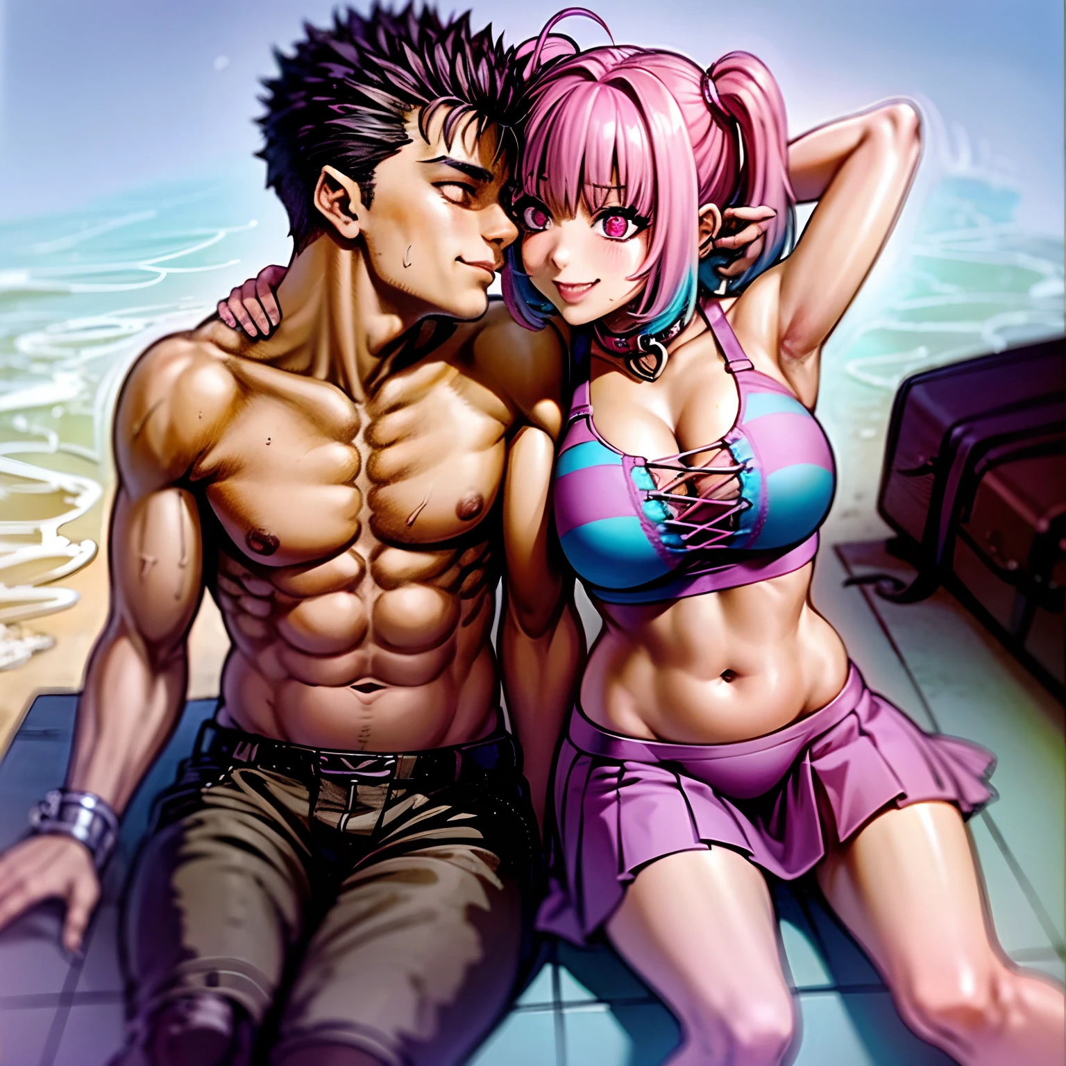 masterpiece, best quality, 1girl, riamu, blue shirt, pleated skirt, solo, simple background, bikini, beach, riamu and guts, husband and wife, couple happy in a beach, , purple hair,1boy, sitting in couple, affection, love,relationship, lovey dovey, happy, , smile, 2character, guts pants, kiss, kissing, guts pullover, riamu bikini