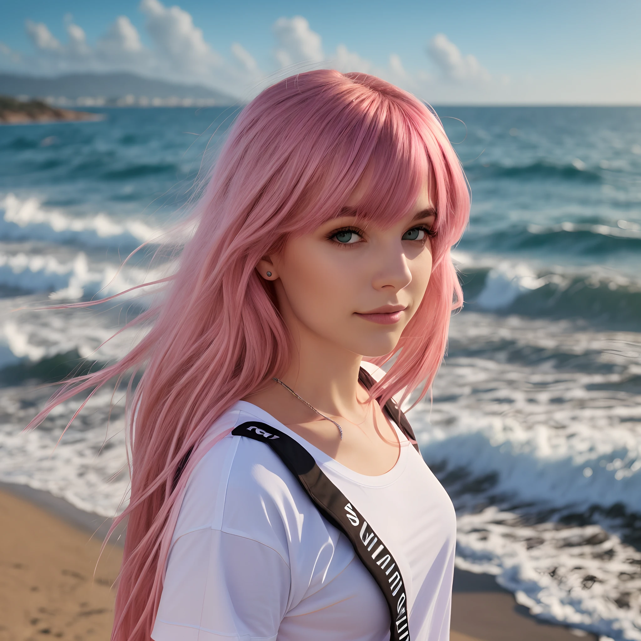 Woman in a white t-shirt facing the camera, with the sea in the background, pink hair --auto --s2