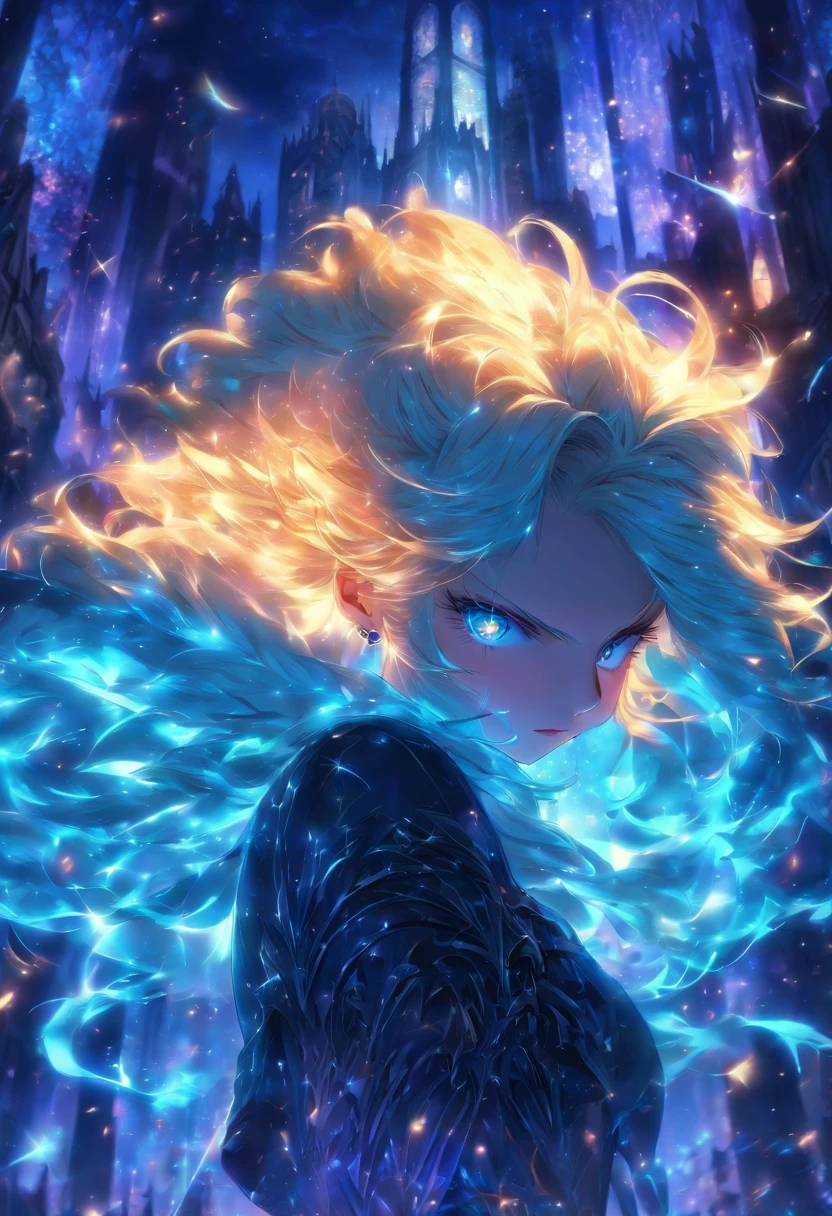 (extremely detailed CG unity 8k wallpaper,masterpiece, best quality, ultra-detailed),(best illumination, best shadow, an extremely delicate and beautiful),floating,high saturation,blonde hair+blue eyes:1.2,gloomy gothic scenery, long hair, gaze into the distance. (A beautiful girl with long blonde hair and blue eyes sparkling gothic lighting)