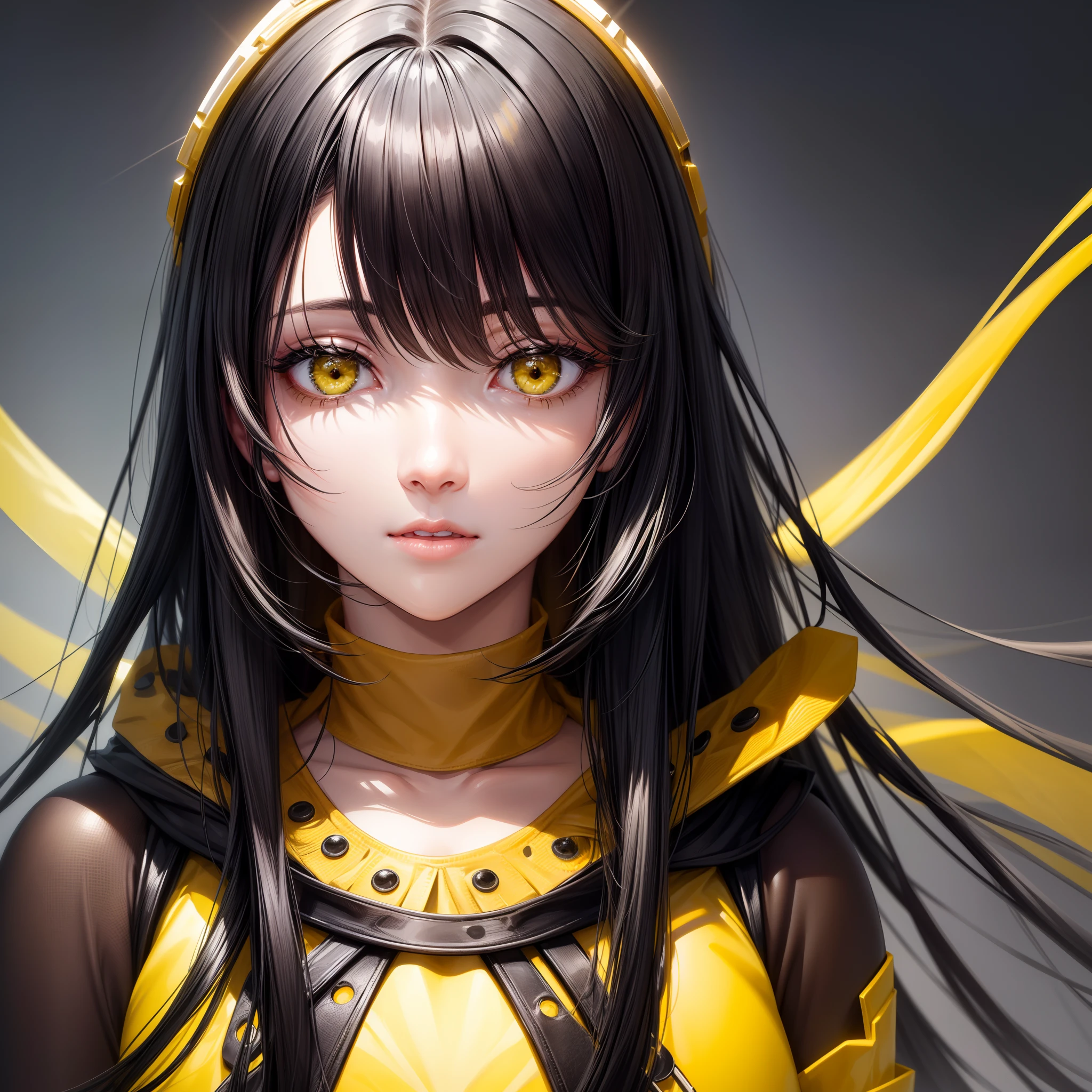 Beautiful girl , ((right eyes is yellow color, left eyes is black color)), 8k,  realistic, ultra details, (black hair, yellow color at the ends of the hair)