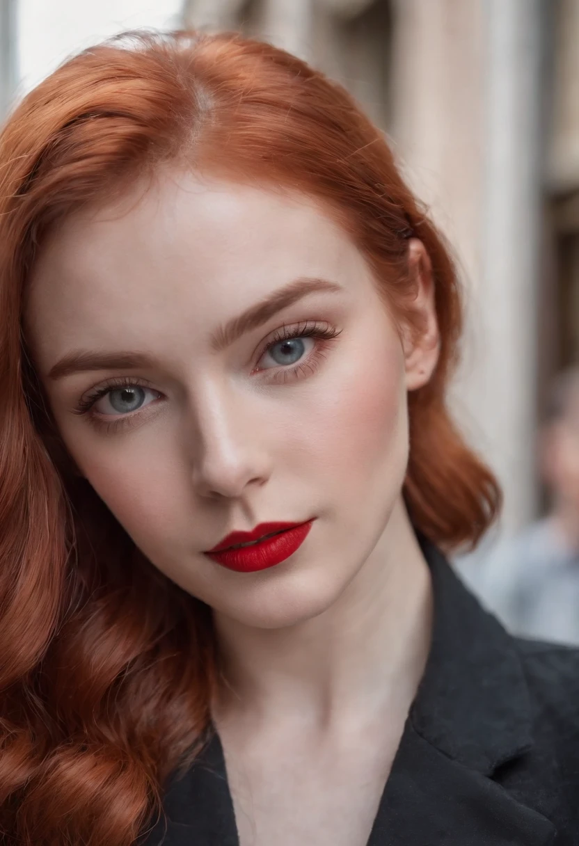 street photography, professional photo, a red-haired girl, 20s, beautiful eyes, wearing red lipstick, casual clothes, 4k, high definition, HDR