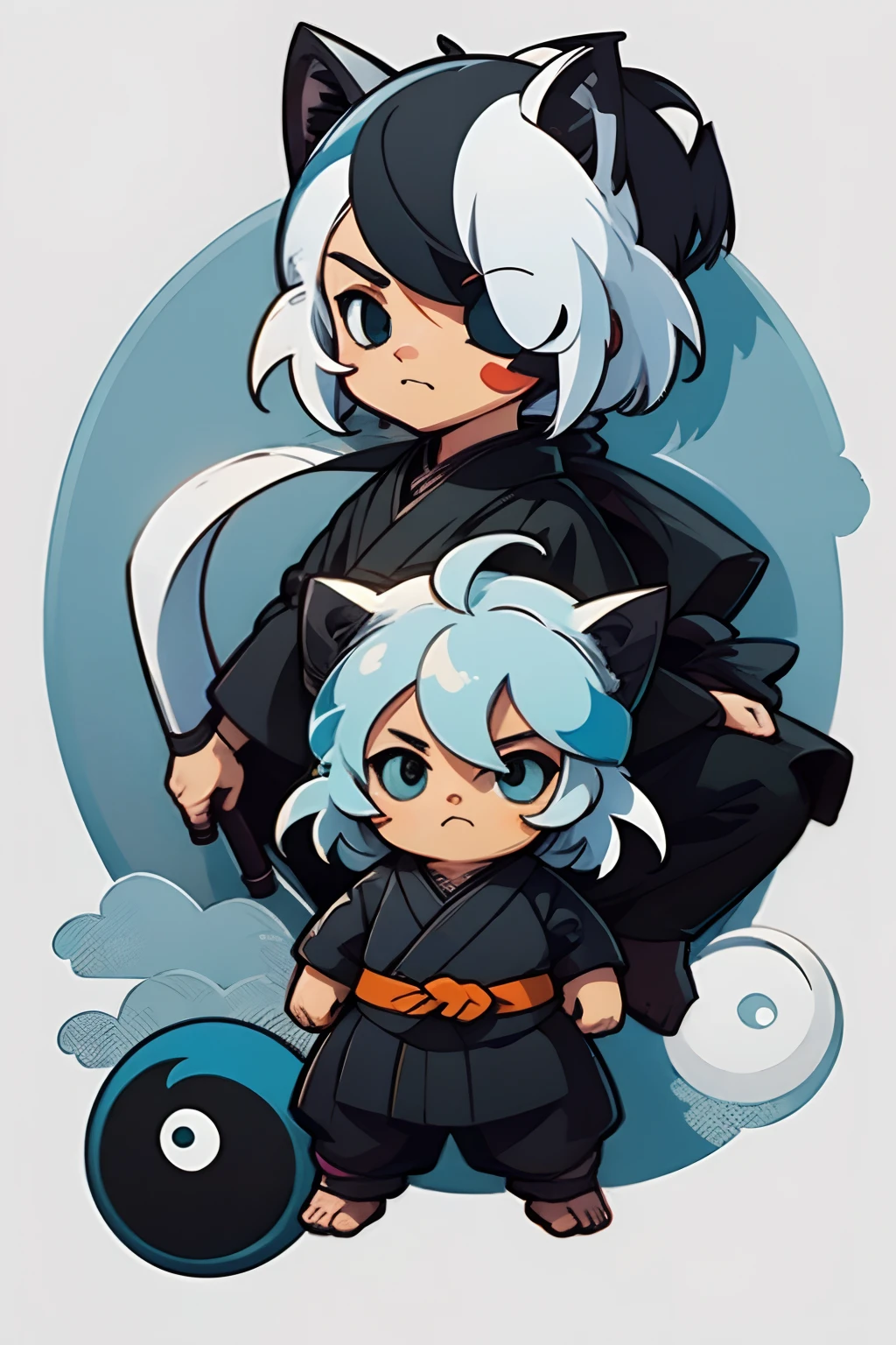 sticker. menino, cabelo azul, olhos vermelhos, estilo ninja, melhor qualidade, anime, Yin-yang.