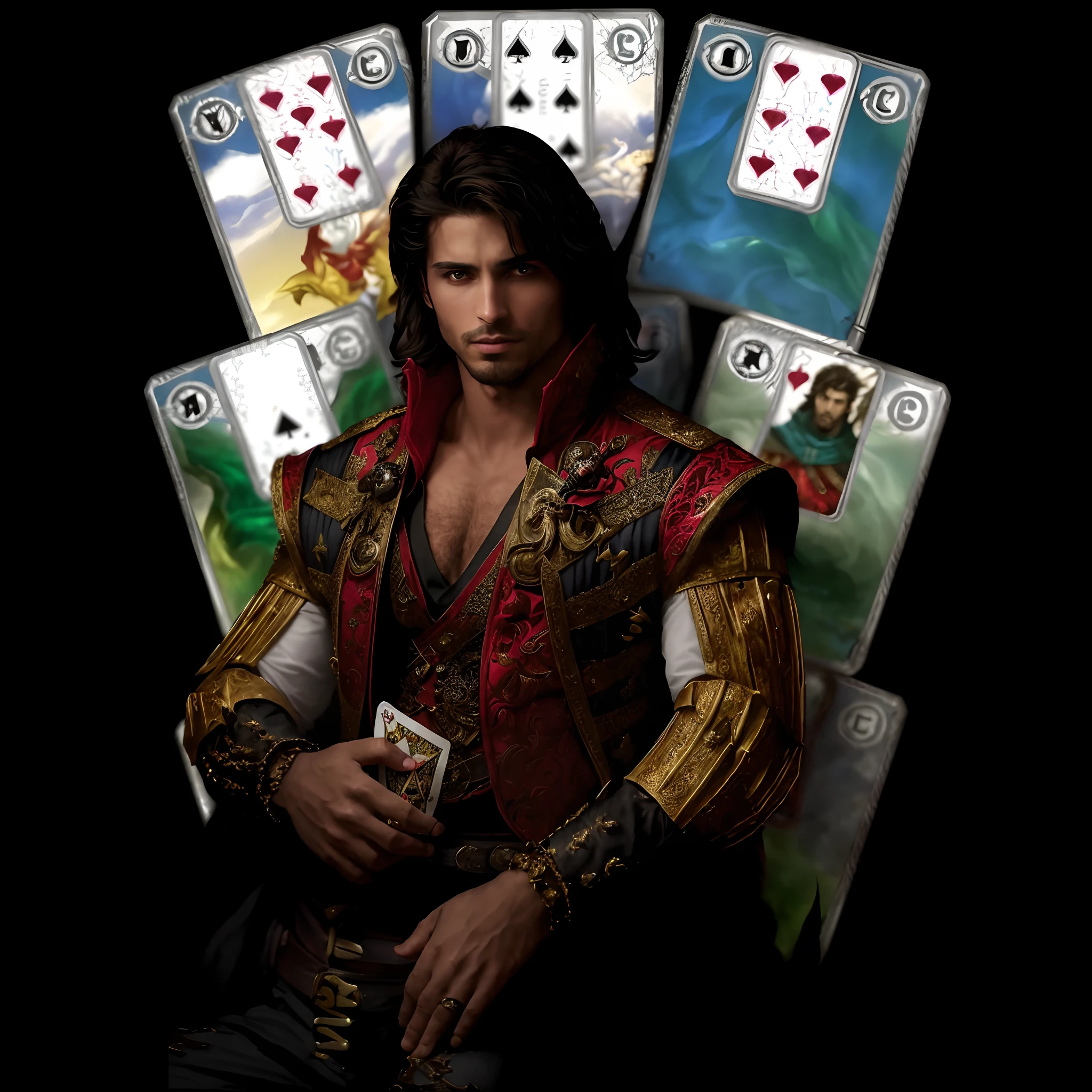 Homem arafed sentado em um trono com cartas de baralho, handsome prince of persia, Gwent, poker, card art, Rei, renaissance prince, O Homem do Jogador de Cartas, Michael Cavalo (Motor irreal, tarot cards characters, magica, tarot cards!!, [ Tarot card ]!!!!!, Cards, The Magician, Arte do Jogo de Cartas de Fantasia, front game card, stoker card style