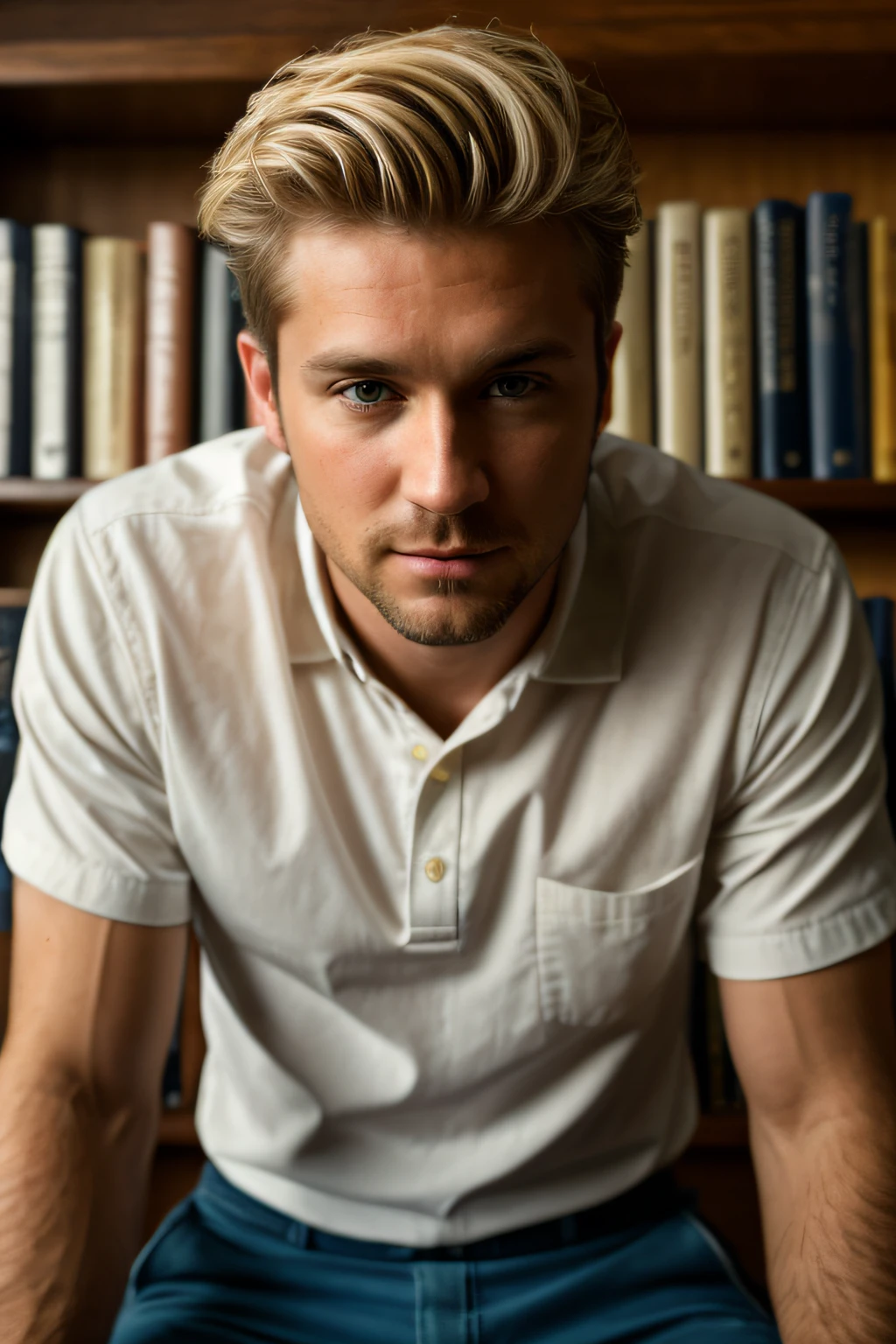 blonde guy wearing a shirt and pants (in a library), very detailed, 35 years old, short messy hair, blue eyes, facial hair, high-res, masterpiece, best quality, intricate details, highly detailed, sharp focus, detailed skin, realistic skin texture, texture, detailed eyes, professional, 4k, shot on Canon, 85mm,shallow depth of field, Kodak vision color, perfect fit body, extremely detailed, photo_\(ultra\), photorealistic, realistic, post-processing, max detail, roughness, real life, ultra realistic, photorealism, photography, 8k uhd, photography (film grain) medium shot atmospheric dark lighting, full body
