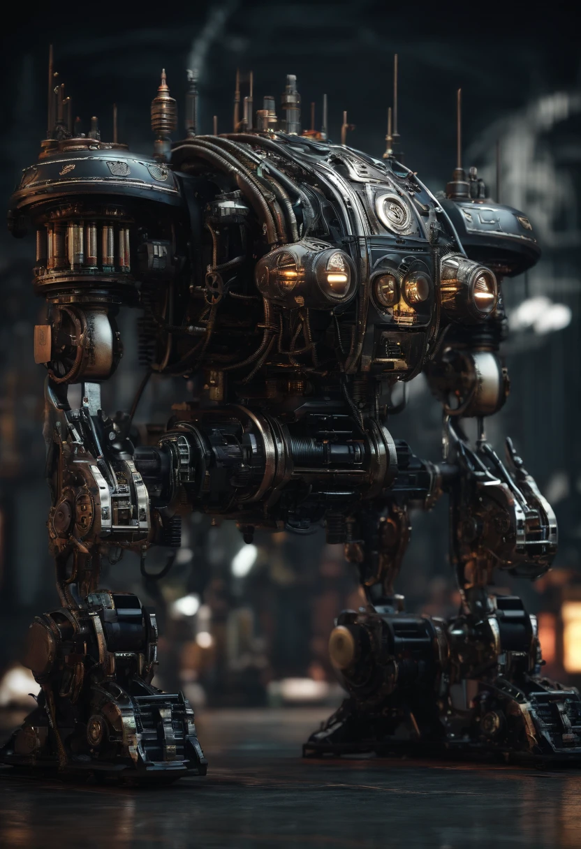 (Dark atmosphere:1.3)，(steampunc:1.2)，Front view，Retro，Dinosaur-like form，large tall，Majesty，illusory engine, High detail, Huge arms，Huge teeth