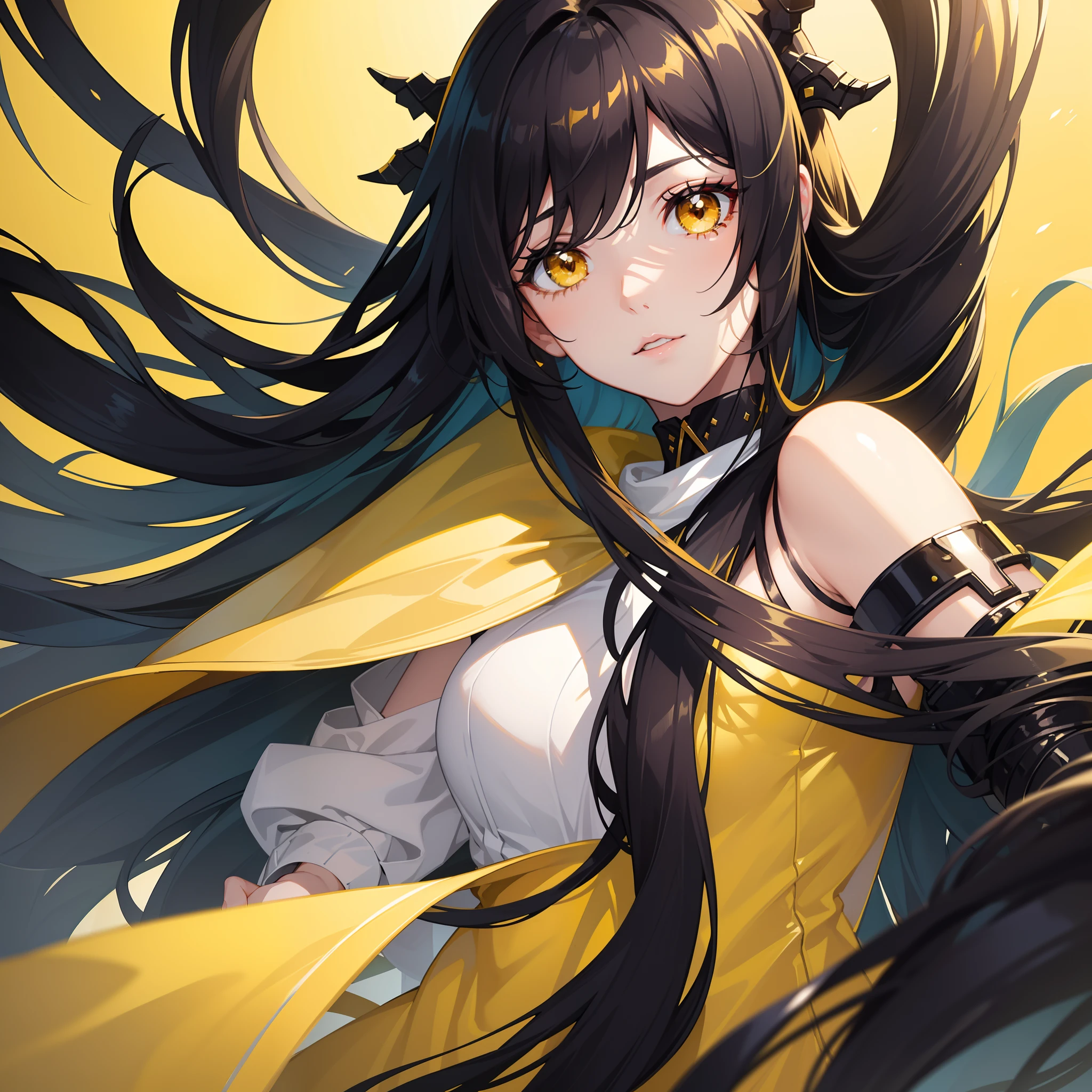 Beautiful girl , ((right eyes is yellow color, left eyes is black color)), 8k,  realistic, ultra details, (black hair), (yellow color at the ends of the hair)