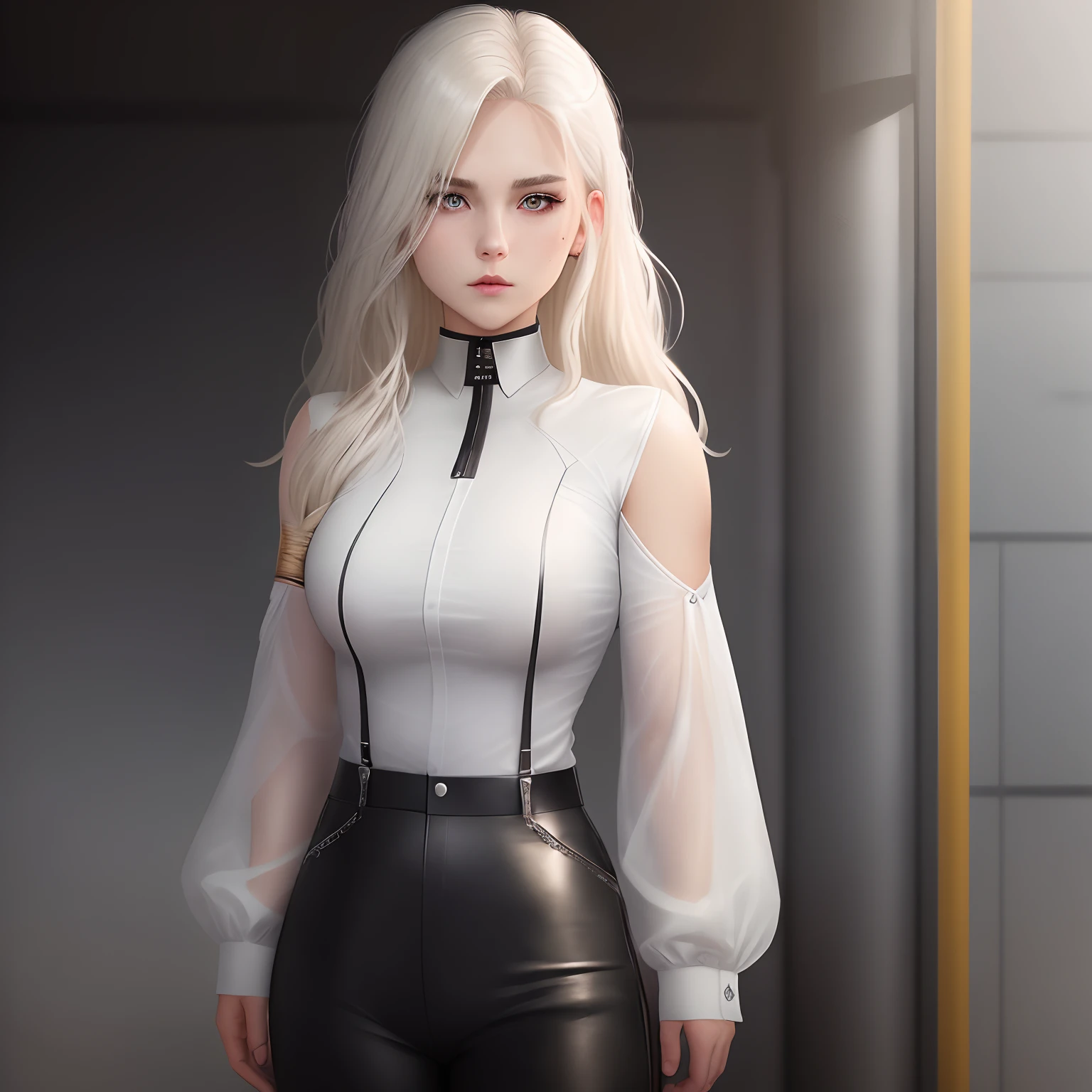 A 25 year old Detective girl, wearing white shirt ,leather black outfit with sleeves rolled up, medium length platinum blonde slightly wavy hair, sharp eyes, cold face, enhanced facial features,a mole right under her lower lip, amber eyes and a side lip piercing