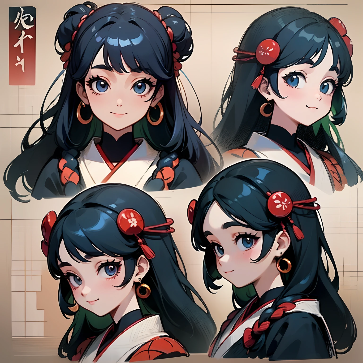 black hair, solid circle eyes, light smile, jewelry, hairpods, colored eyelashes, three sided view, Pixar, Ukiyo-e, multiple views, panorama, sideways, reference sheet, lineup, projected inset, 8k, super detail, ccurate, best quality, UHD, high details, best quality, masterpiece, anatomically correct
