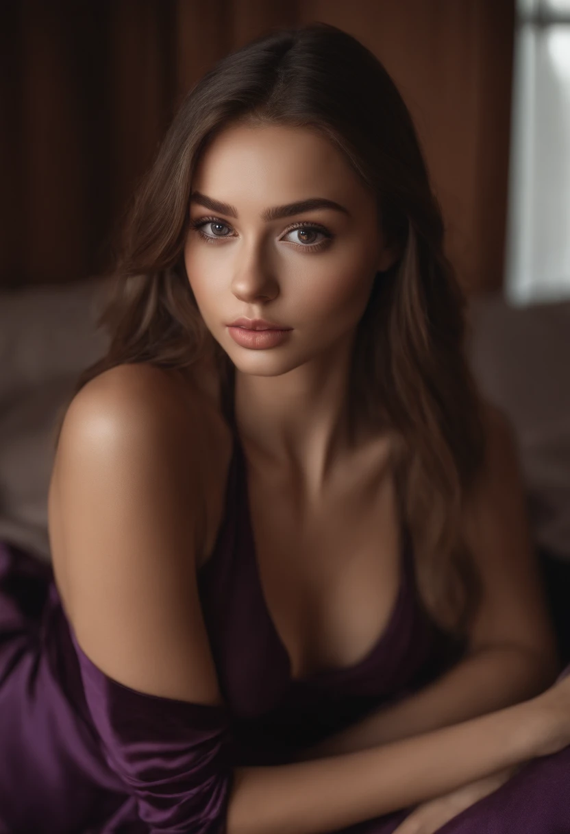 arafed woman fully , sexy girl with brown eyes, ultra realistic, meticulously detailed, portrait sophie mudd, brown hair and large eyes, selfie of a young woman, bedroom eyes, violet myers, without makeup, natural makeup, looking directly at the camera, face with artgram, subtle makeup, stunning full body shot on couch, in bedroom, medium to large size bust, wearing lounge wear