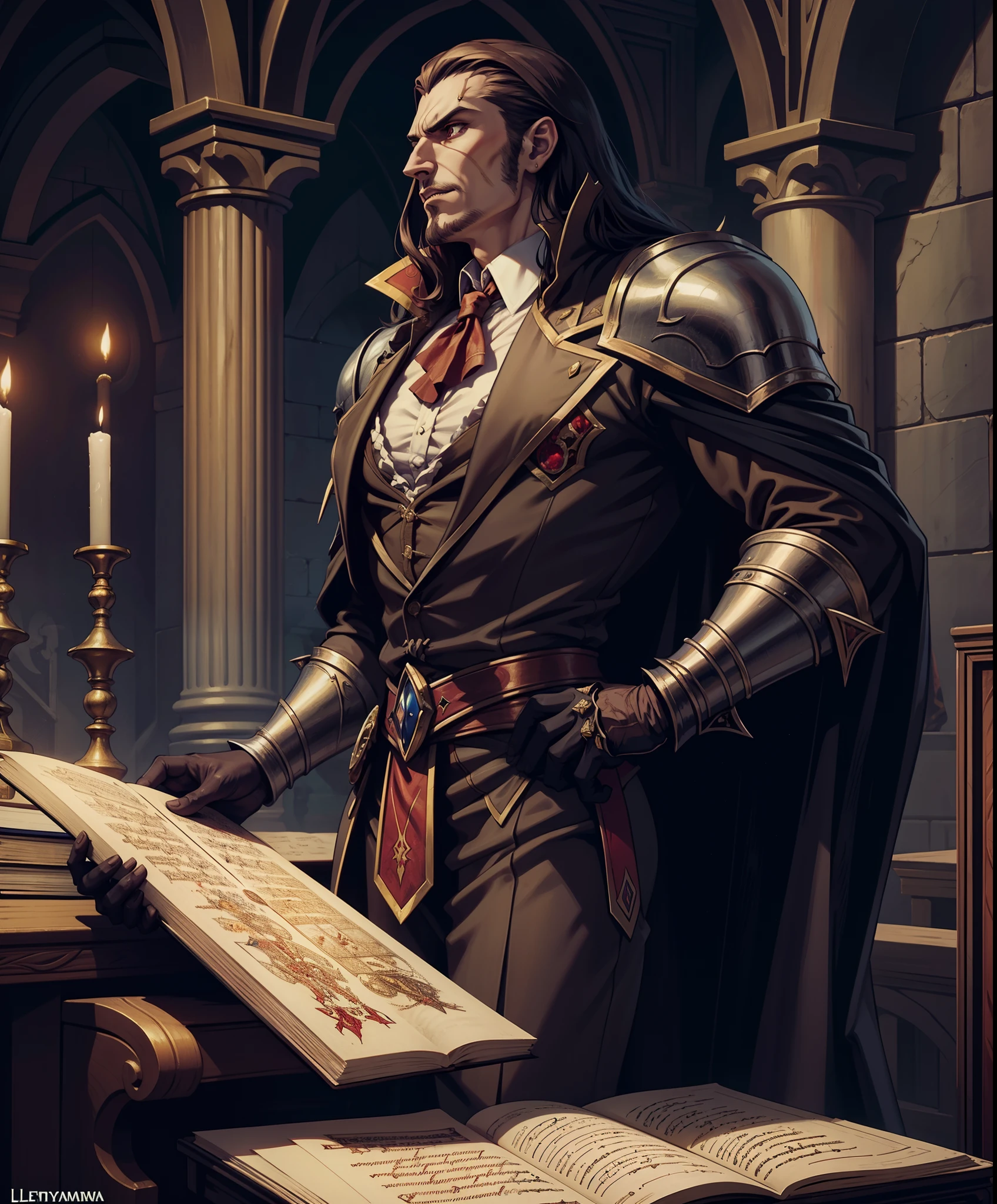 Castlevania Shadow Lord hyper realistic super detailed Dynamic shot centerpiece of Lord Dracula discussing ancient manuscripts with hyper realistic learned demons great scenes