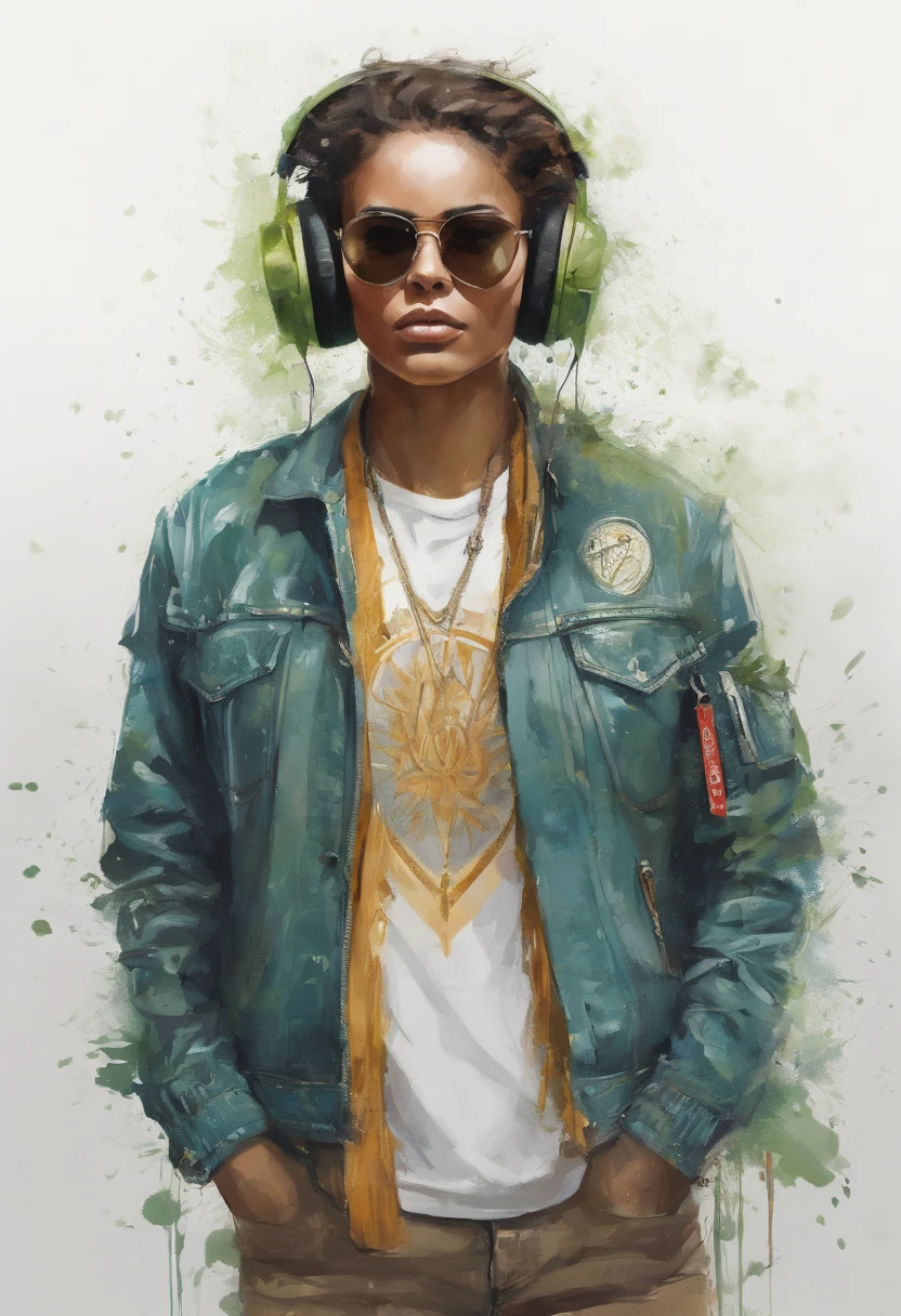 Perfect centered, avocado rocker illustration, Wear a student team jacket, wear sunglasses, Wear headphones, joy, Standing, Abstract beauty, centered, look at the camera, Facing the camera, approaching perfection, dynamic, Highly detailed, Smooth, Sharp focus, 8k, High definition resolution, illustration, art by Carne Griffiths and Wadim Kashin, white background