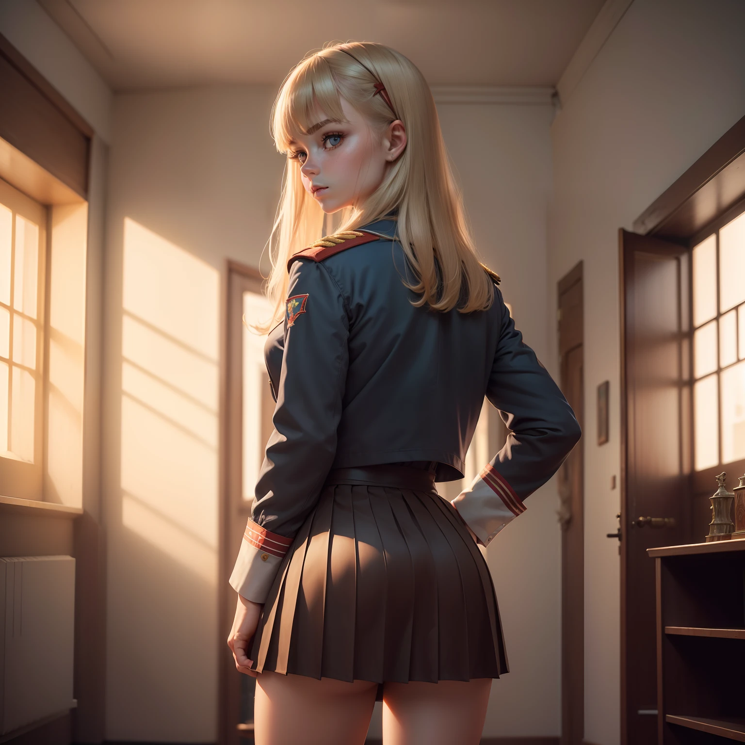 (masterpiece, best quality), perfect illumination,(best shadow), 8K, UHD, sharp image, (best illumination), crystal clear image, best quality, ultra-detailed, fine detail, highres, highest quality, 8k wallpaper, masterpiece, high definition, ((highly detailed face), (ultradetaled face)),
(18yo russian girl, soviet college girl),
(weared (soviet uniform), (soviet pleated college mikro-skirt)),
(medium shot, rear-side view),