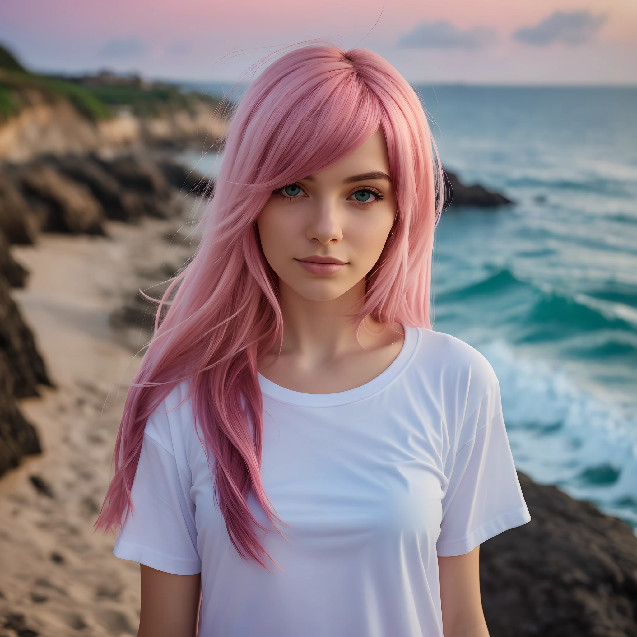 Woman in a white t-shirt facing the camera, with the sea in the background, pink hair --auto --s2