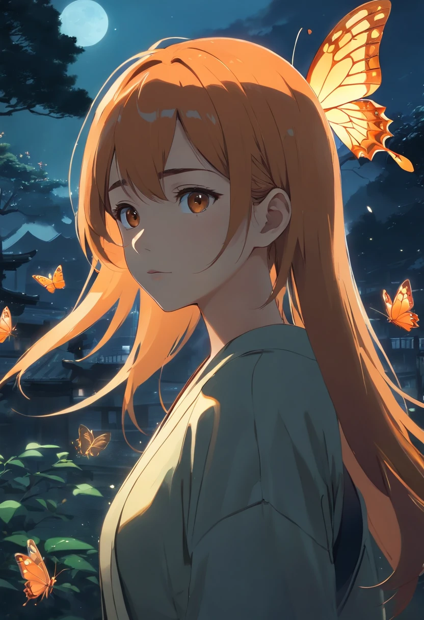 (Ancient Japan:1.2),(Best quality,A high resolution,Masterpiece:1.2),(cinematic Film still from),(Dark atmosphere:1.4),(1girll),(Orange semi-long hair and an 18-year-old girl:1.2),(There is a flock of butterflies around),(Swallowtail butterfly),(up-close),(Only the upper body is shown:1.0),(baggy clothes,looming:1.2),(depth of fields)