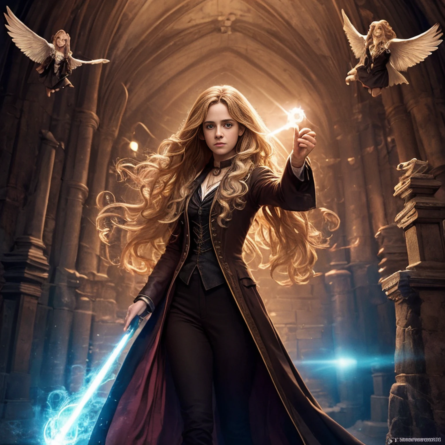 Hermione Granger, em hogwarts, efeitos de magia, magic wand in hand, Espectro do patrono, super detalhado, realista, fantasia