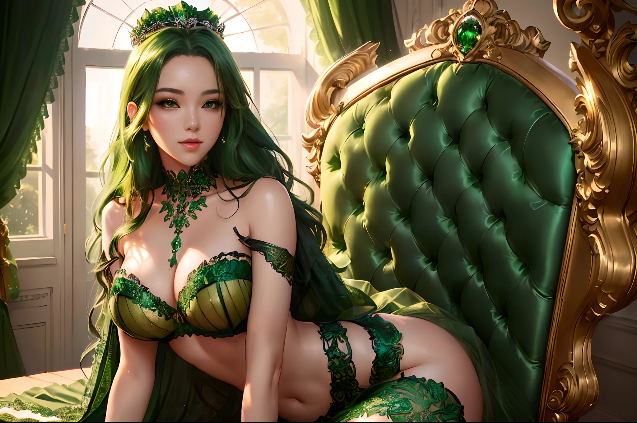 there is a woman in a green dress sitting on a green chair, extremely detailed artgerm, fantasy art style, realistic fantasy illustration, 8k high quality detailed art, artgerm. anime illustration, artgerm and rossdraws, deviantart artstation cgscosiety, rossdraws 2. 5, loish and wlop, a beautiful fantasy empress