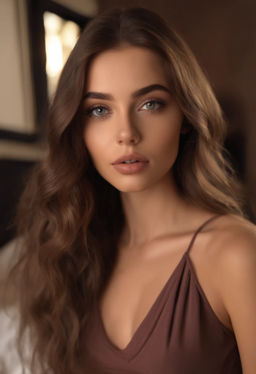 Femme arafed dans des seins visibles nus convenables , Kukami garde les cheveux et les culottes petits, fille sexy aux yeux bruns, Portrait de Kaia Gerber , cheveux bruns et grands yeux, selfie of a young woman, Yeux de chambre, Violet Myers, pas de maquillage, maquillage naturel, looking straight at camera, Visage avec Artgram, maquillage fin, dans la chambre, clivage