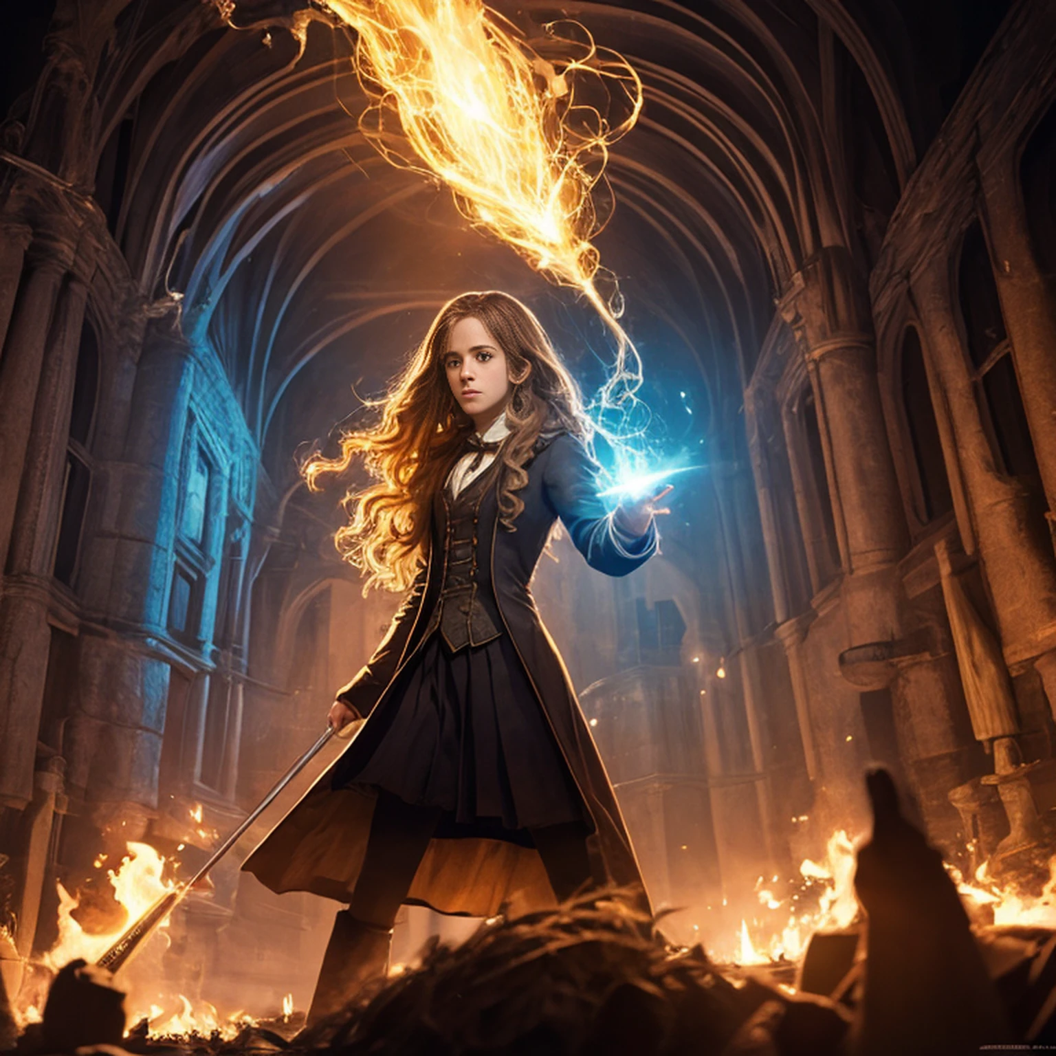 Hermione Granger, em hogwarts, efeitos de magia, magic wand in hand, Espectro do patrono, super detalhado, realista, fantasia