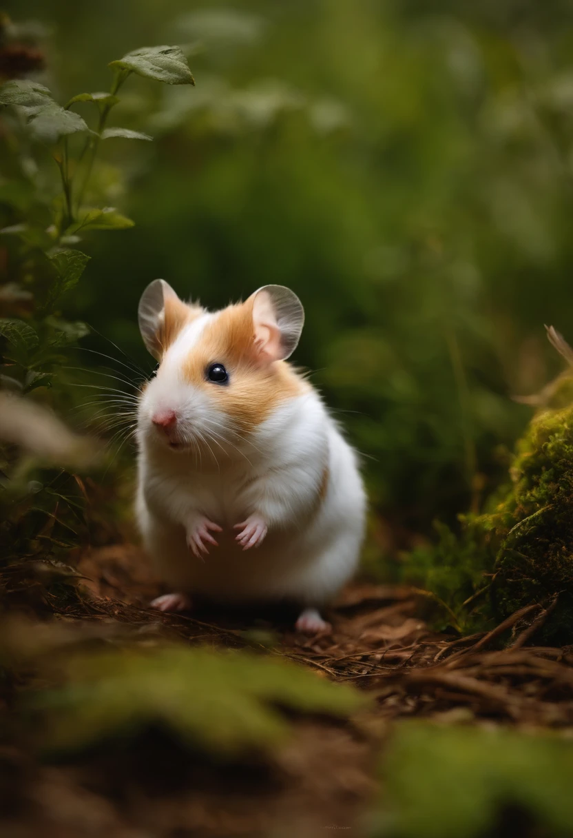 hamster branco e fofinho. deitado com a barriga para cima. Scratching the belly. deitado de barriga para cima num gramado. Lying belly up on a lawn in a mystical forest. Aviator cap next to him.