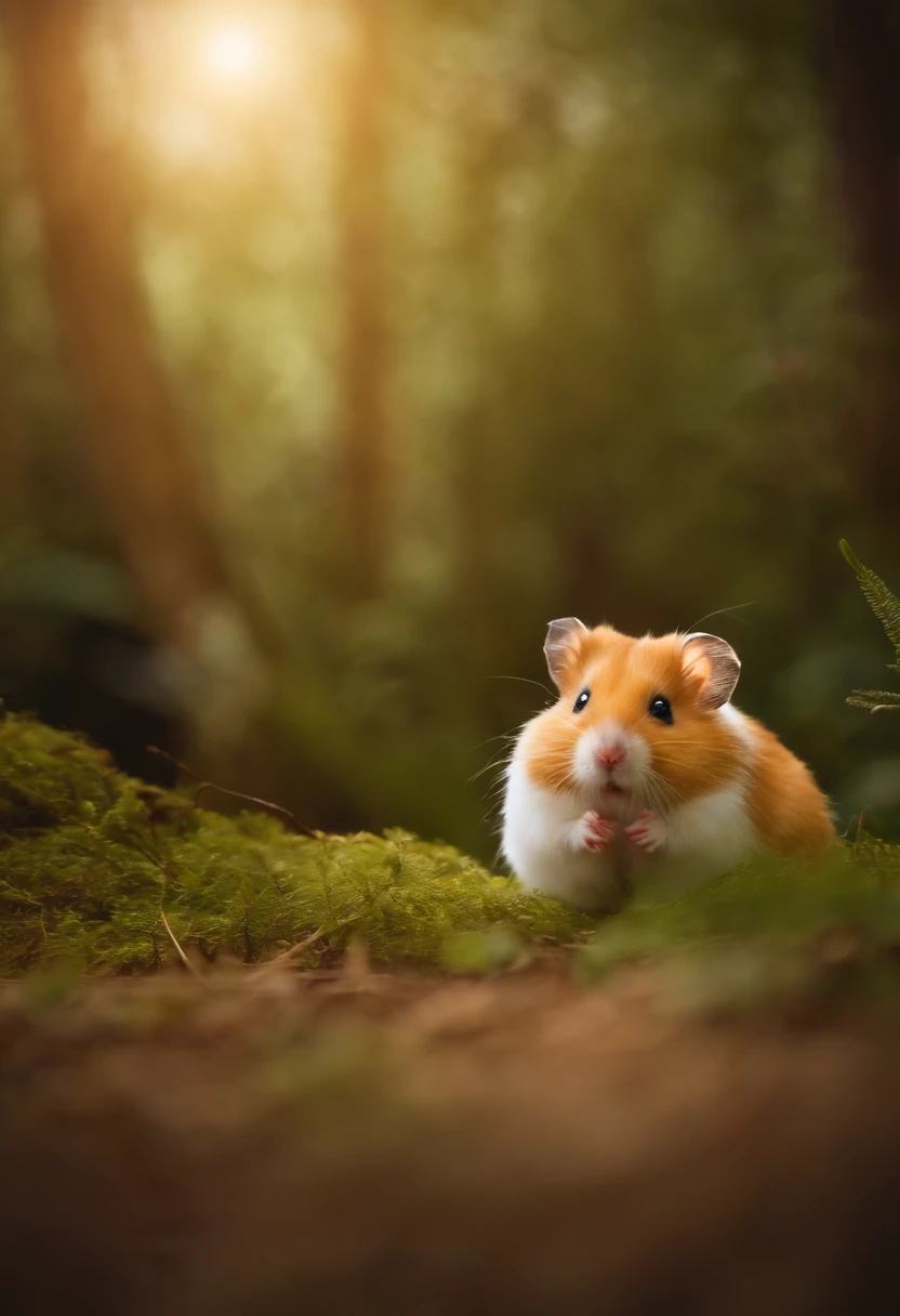 hamster branco e fofinho. deitado com a barriga para cima. Scratching the belly. deitado de barriga para cima num gramado. Lying belly up on a lawn in a mystical forest. Aviator cap next to him.