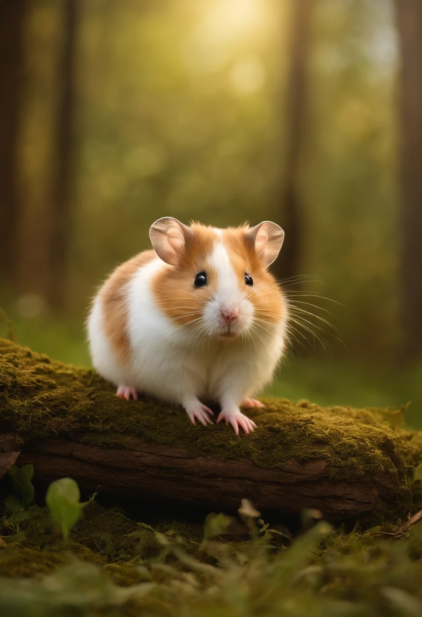 hamster branco e fofinho. deitado com a barriga para cima. Scratching the belly. deitado de barriga para cima num gramado. Lying belly up on a lawn in a mystical forest. Aviator cap next to him.