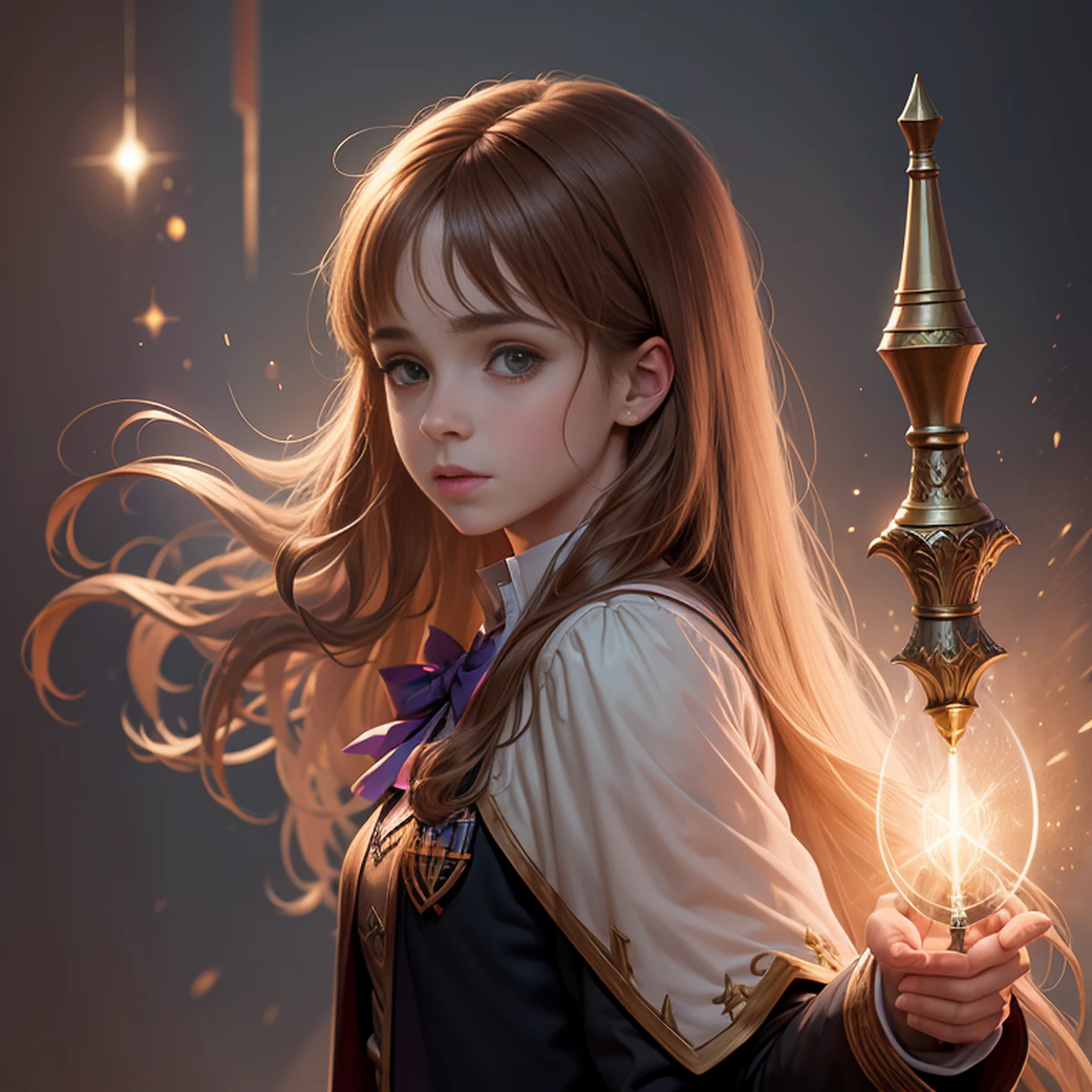 Hermione Granger, em hogwarts, efeitos de magia, magic wand in hand, Espectro do patrono, super detalhado, realista, fantasia