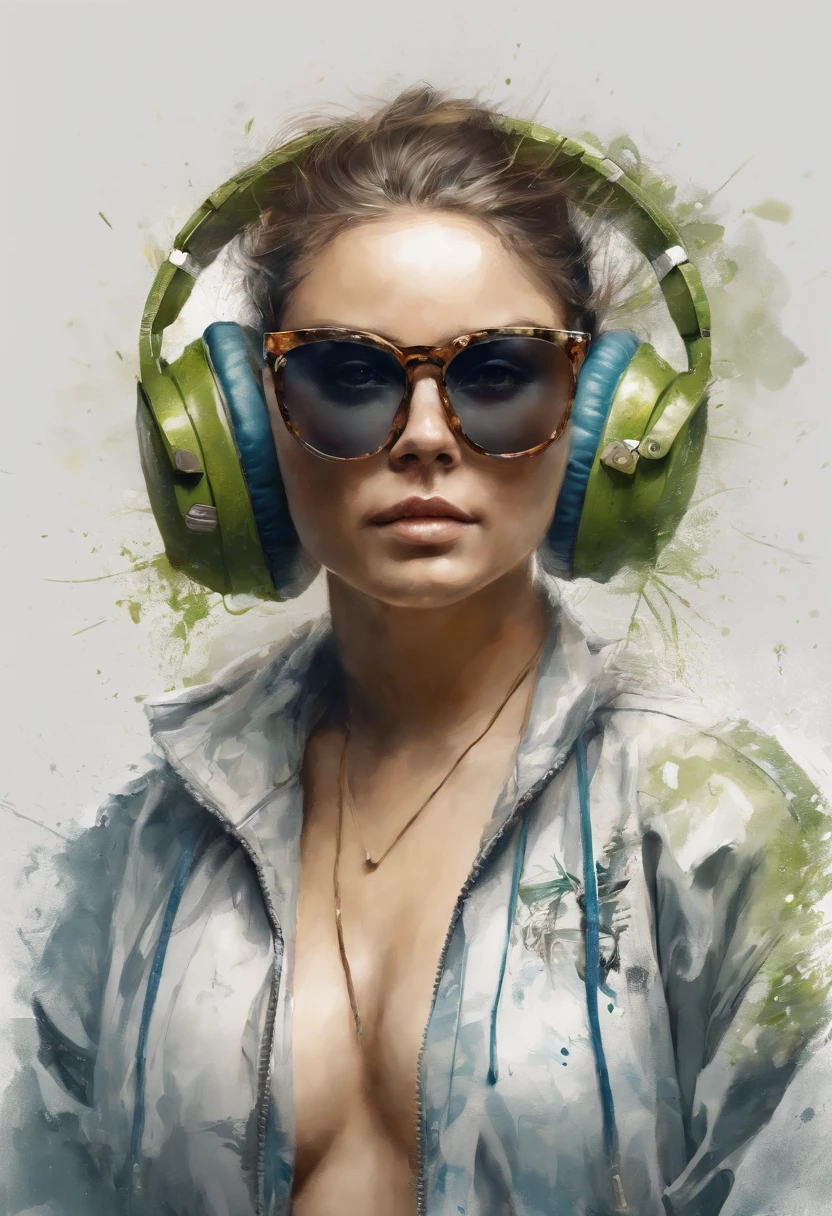 Perfectly centered, avocado sumo wrestler, Wear a student team jacket, wear sunglasses, Wear headphones, joy, Standing position, Abstract beauty, centered, look at the camera, Facing the camera, approaching perfection, dynamic, Highly detailed, Smooth, Sharp focus, 8k, High definition resolution, illustration, art by Carne Griffiths and Wadim Kashin, white background