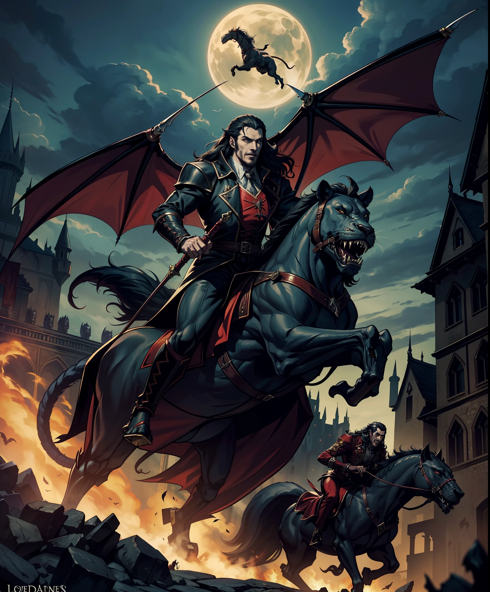 Lord Dracula Castlevania lords of the shadows riding great Legendary roaring lion with army of demons behind him hyper realistic super detailed