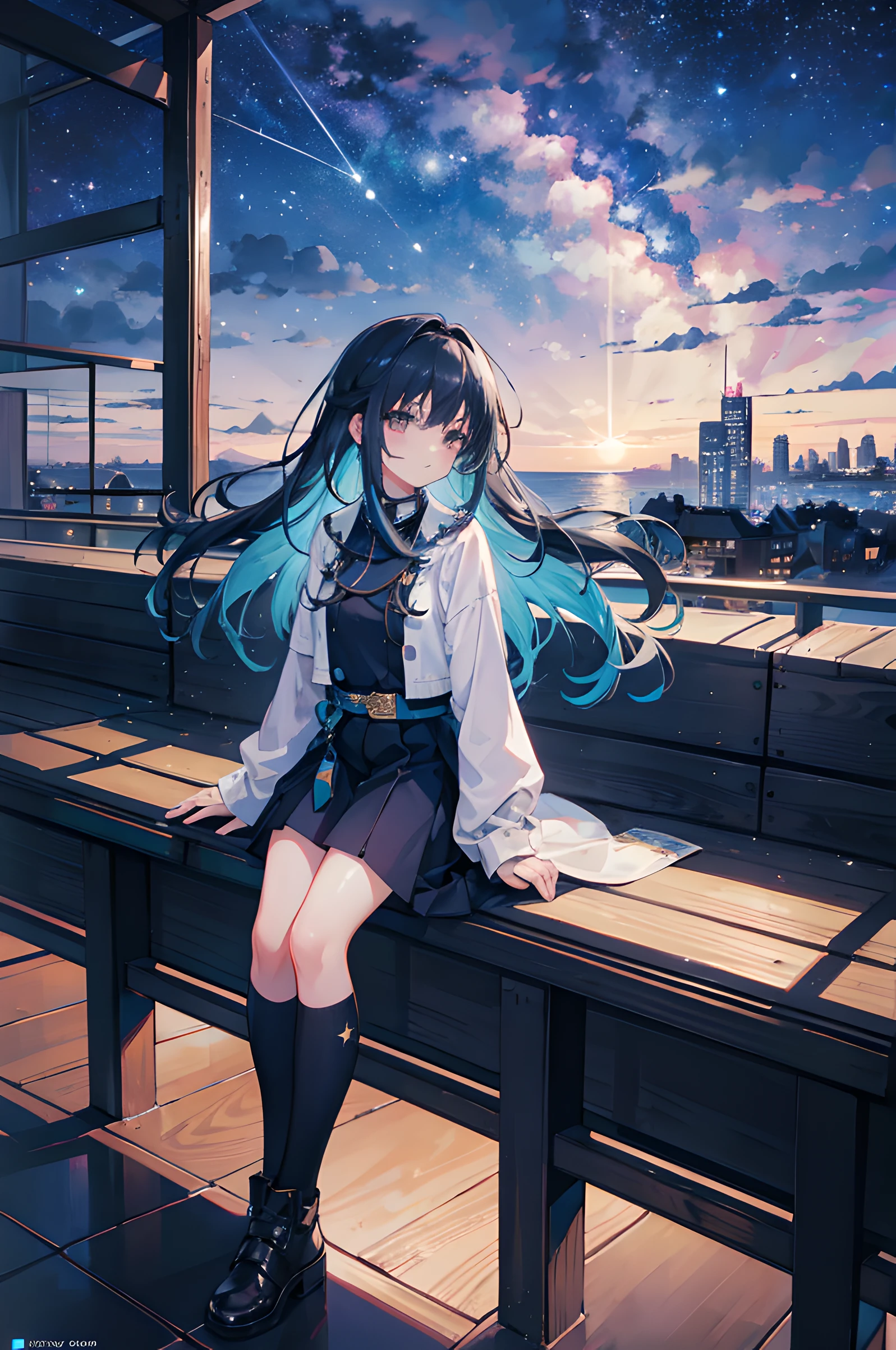 octans, sky, star (sky), scenery, starry sky, night, 1girl, night sky, solo, outdoors, building, cloud, milky way, sitting, tree, long hair, city, silhouette, cityscape, looking at sky, 8k, beautiful night sky, ray tracing, masterpiece, cute face