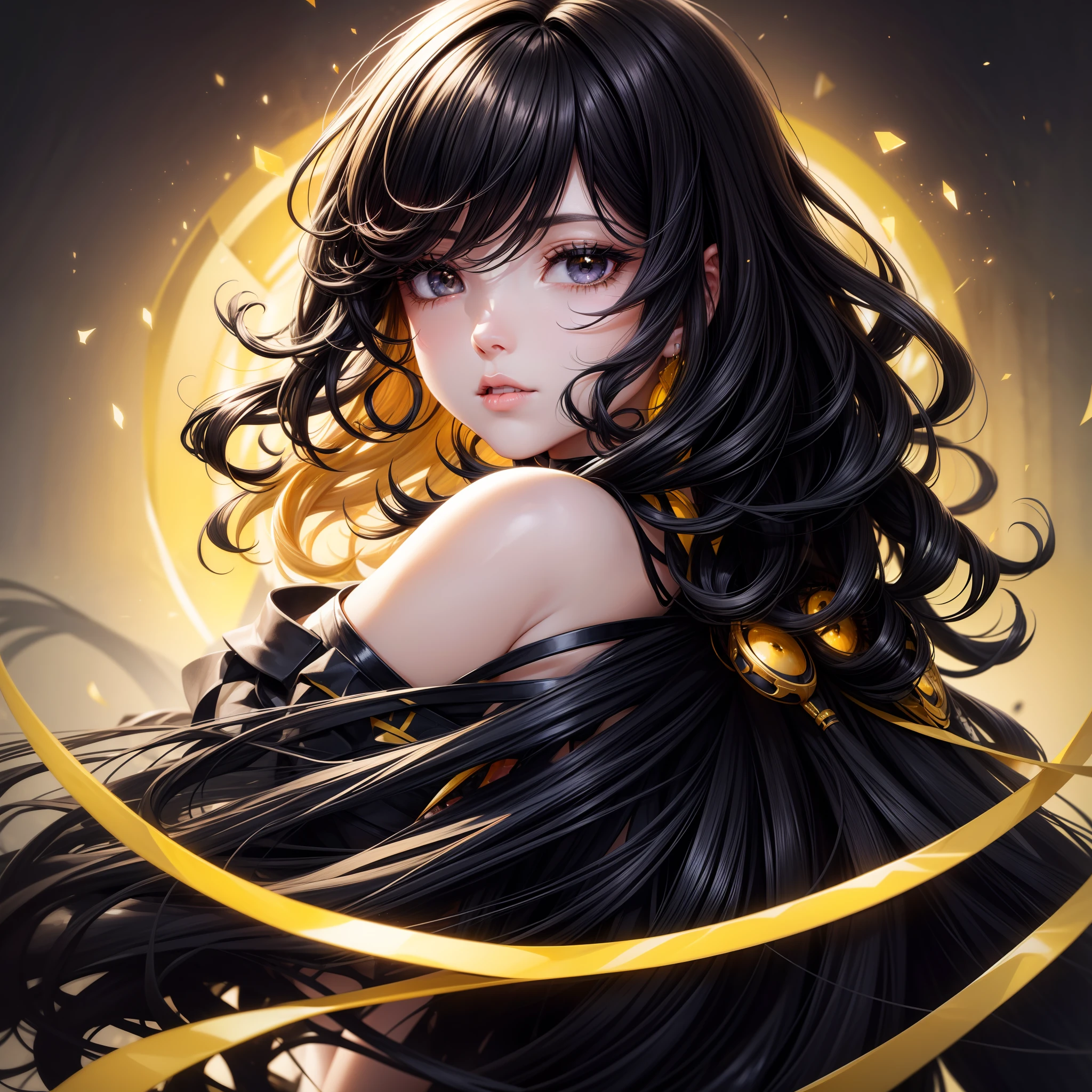 Beautiful girl , ((black color eyes)), 8k, realistic, ultra details, (black hair), (yellow color at the ends of the hair), curly hair