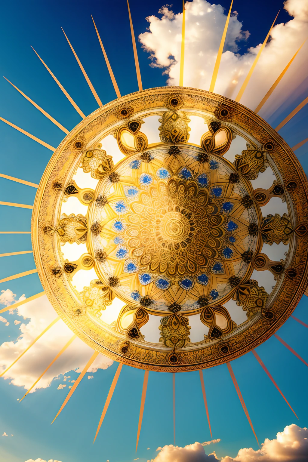 A round ornamental mandala made of light rays from heaven, surrounded by puffy white clouds.