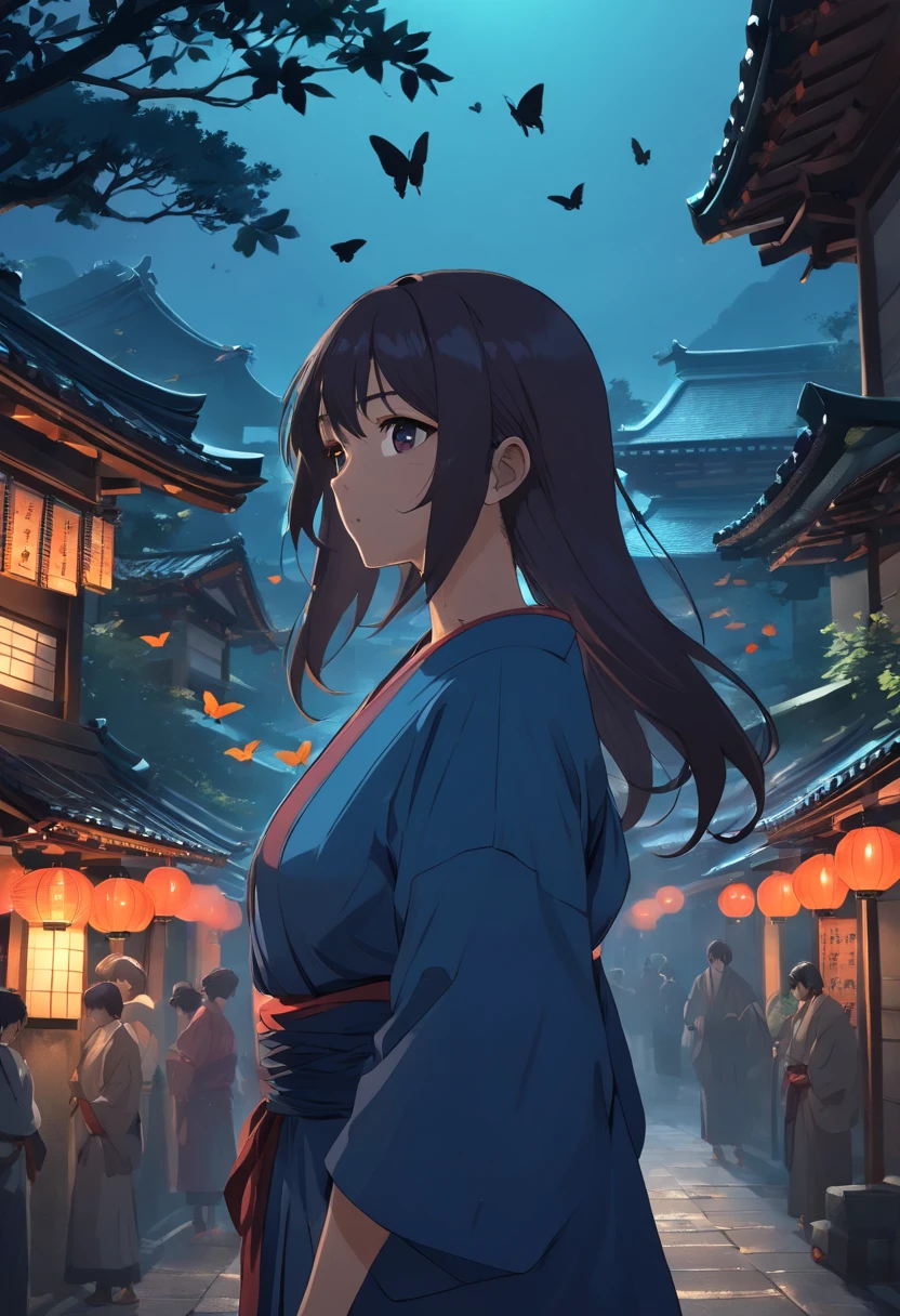 (Ancient Japan:1.2),(Best quality,A high resolution,Masterpiece:1.2),(cinematic Film still from),(Dark atmosphere:1.4),(1womanl),(A 23-year-old woman with semi-long hair and big breasts:1.2),(up-close,Only the upper body is shown:1.0),(baggy clothes,Looming chest:1.2),(depth of fields),(Background covered with butterflies:1.05)