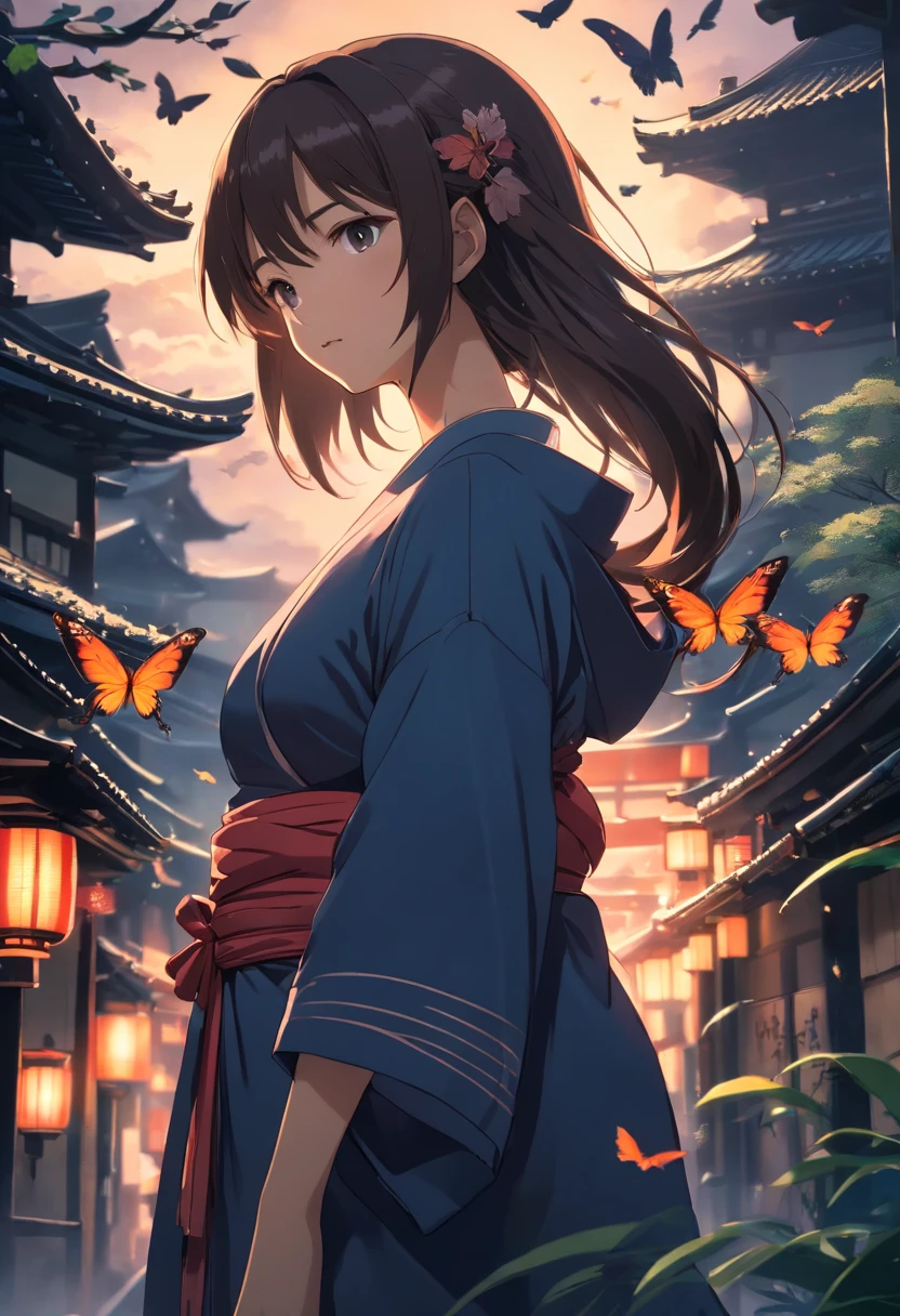 (Ancient Japan:1.2),(Best quality,A high resolution,Masterpiece:1.2),(cinematic Film still from),(Dark atmosphere:1.4),(1womanl),(A 23-year-old woman with semi-long hair and big breasts:1.2),(up-close,Only the upper body is shown:1.0),(baggy clothes,Looming chest:1.2),(depth of fields),(Background covered with butterflies:1.05)