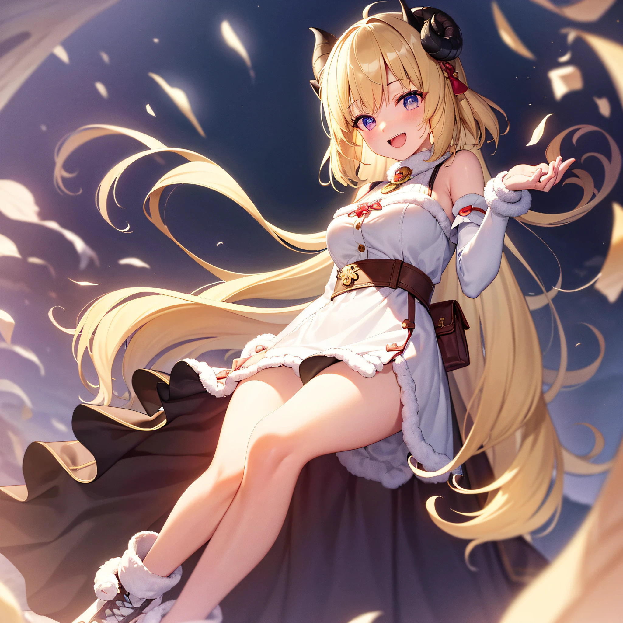 masterpiece, Best Quality, Anime, Highly detailed face, Highly detailed eyes, Highly detailed background, Perfect Lighting, 1girl in, Solo, 8K, Tsunomaki Watame, long hair, WatameBase, fur-trimmed dress, white dress, bare shoulders, fur-trimmed sleeves, hairclip, cape, belt pouch, brooch, fur-trimmed boots, smile , open mouth, Full of sweets