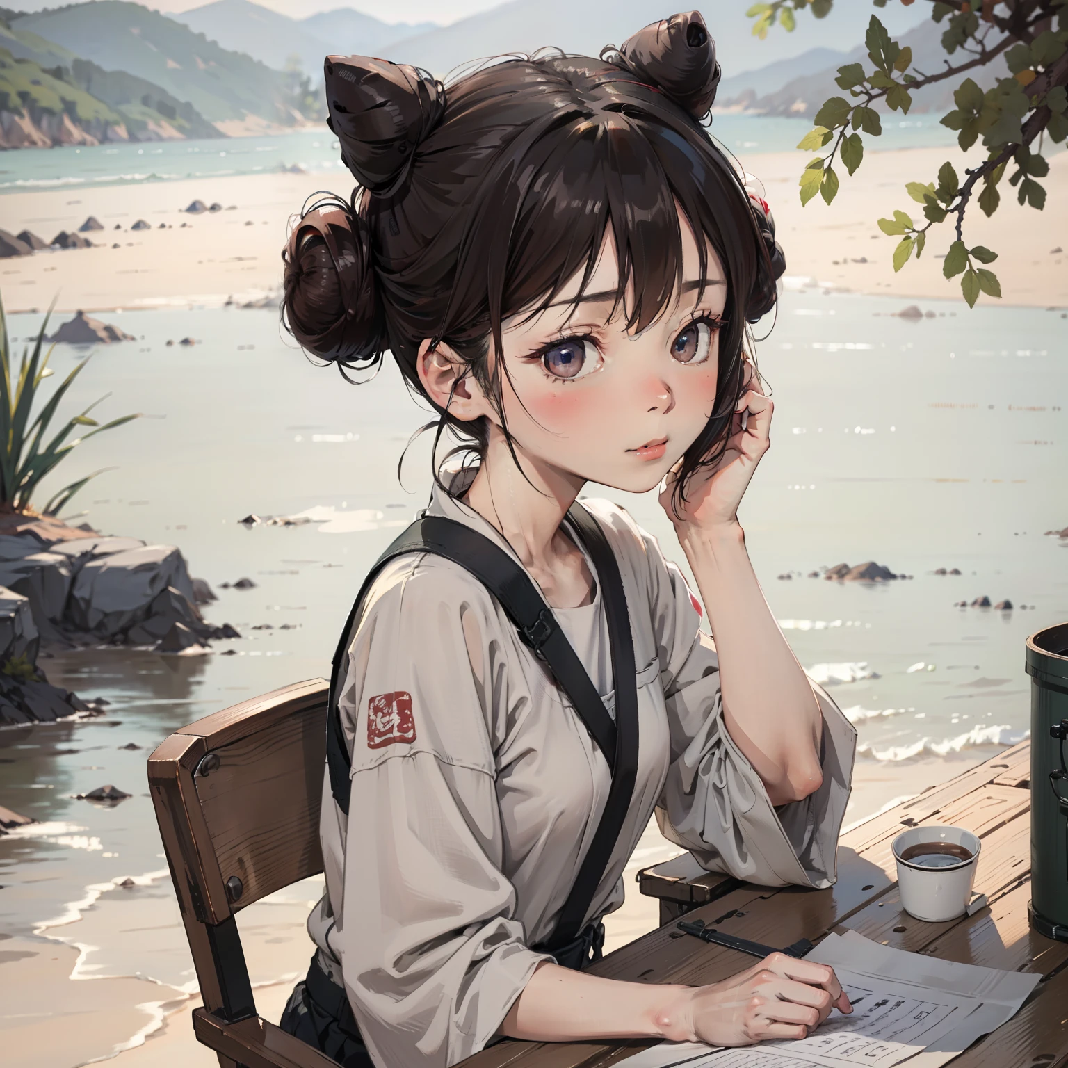 8K,Best quality, Masterpiece, 超高分辨率, (Photorealistic:1.4), RAW photo, (Authentic skin texture:1.3), (filmgrain:1.3), (Selfie angle),1girll, A bun hairstyle, Brown hair, Sitting, chair, Bored, Hand on chin, Beautiful detailed eyes and face,Masterpiece, Best quality,Close-up,upper bod,