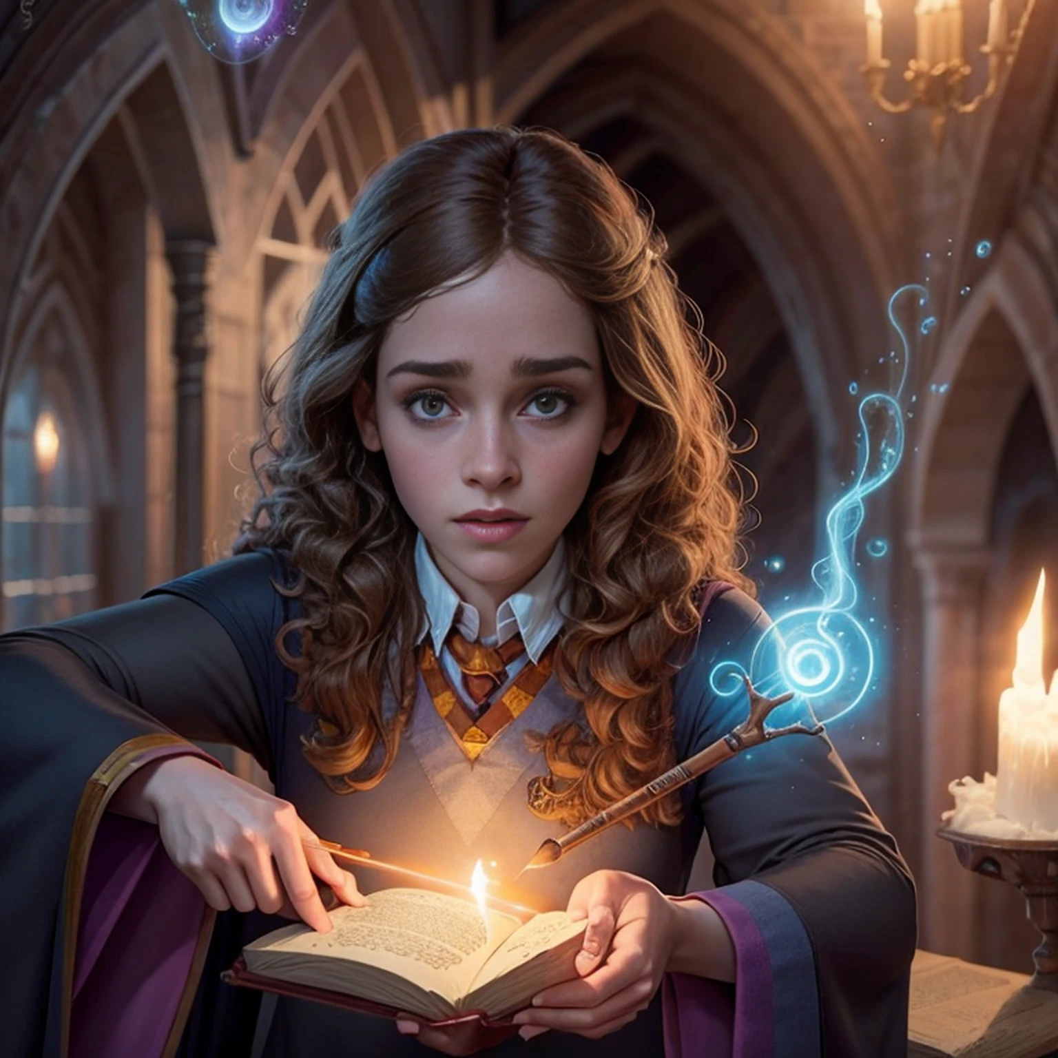 Hermione Granger 35 anos, em hogwarts, efeitos de magia, magic wand in hand, Espectro do patrono, super detalhado, realista, fantasia