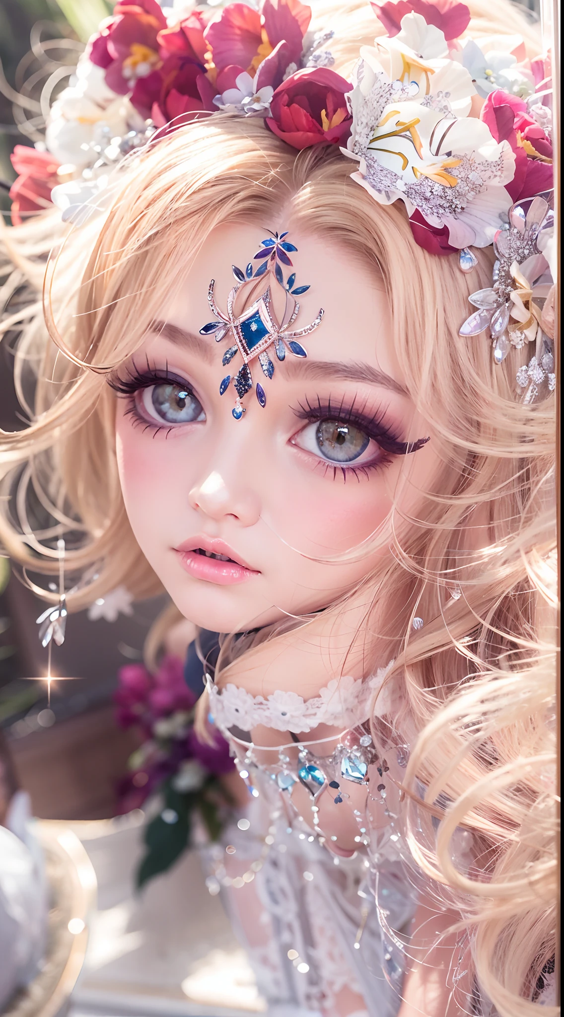 SFW, concept art, Tiny junior idol, Delicate lace knitted white clothes, (nipple:-0.9), ((face closeup, Dazzling stained glass Background)), (((Renbutsu Misako), colorful Light shines through stained glass:1.2, vivid red colors, lense Particle, lens flare, light Particle, Dazzling Halo, Acutance:0.8)). (masterpiece:1.2),(ultra-detailed:1.37),(realistic,photorealistic,photo-realistic:1.37), (Extremely detailed KAWAII face variations, innocent expression variations), rosy cheeks, intricate detailed eyes with sparkling highlights, long eyelashes with volume, subtle blush on the face. Mystic sight, haze, impeccable skin texture, captivating gaze, ((Dynamic-angle, physically-based rendering)), whole Body proportions and all limbs are anatomically accurate .