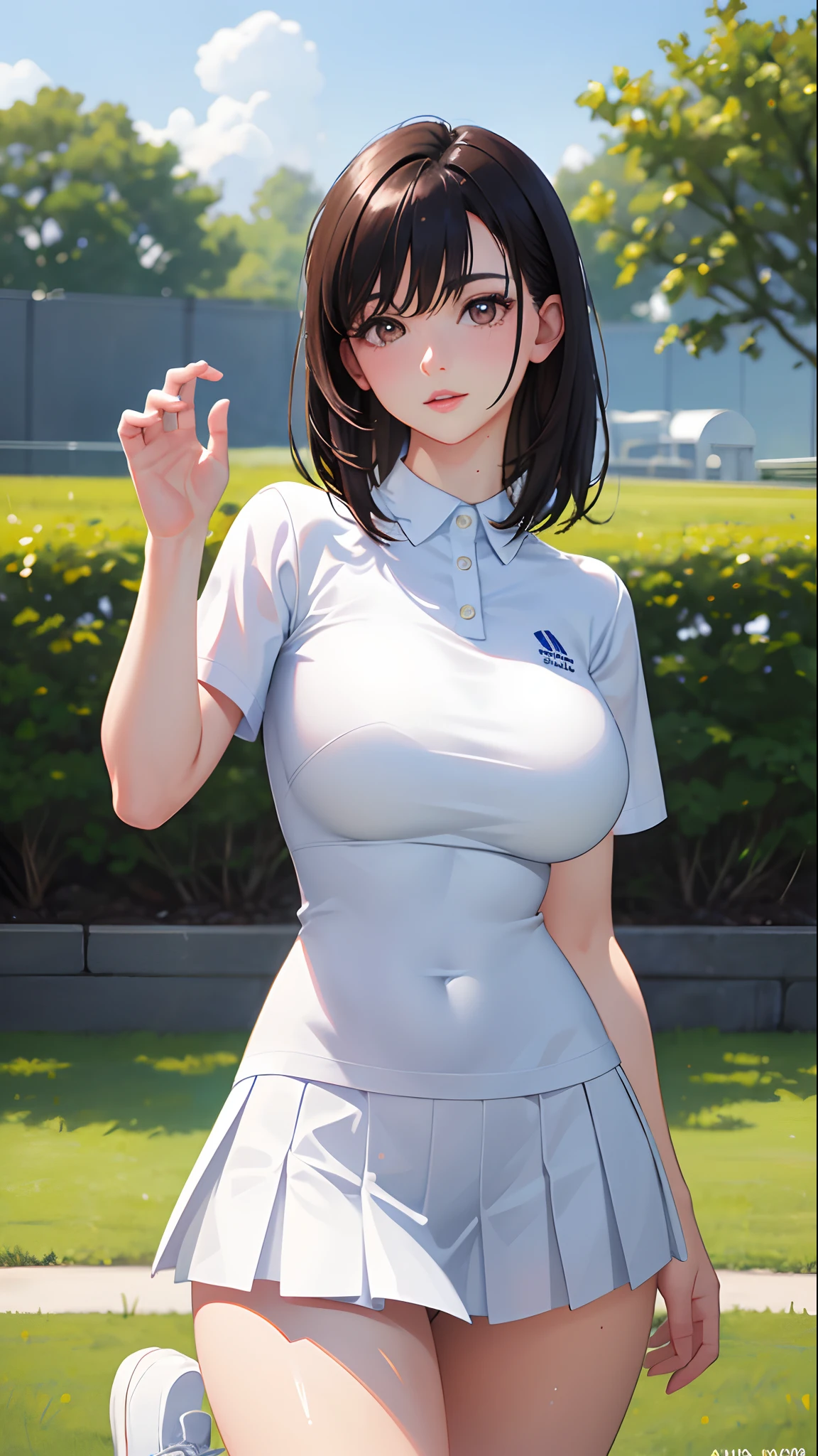 1girl, solo, white polo shirt, white sneakers, tennis wear, white mini skirt, masterpiece, best quality, realistic, ultra-detailed, (shiny skin, sweating: 1.4), ridiculous, looking at the audience, short black hair, brown eyes, slender, dynamic light and shadow, high resolution, sharp focus, depth of field, fine eyes, sharp pupils, realistic pupils, (big breasts: 1.6), (thigh thickness: 1.0), outdoor, sky