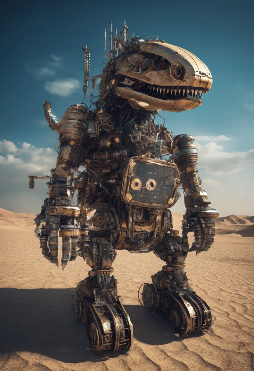 (in a desert:1.3)，(Japanese style，steampunc:1.2)，Front view，Retro，(Dinosaur form:1.3)，large tall，Majesty，High detail，Huge body，Huge teeth，gear wheel，water pump