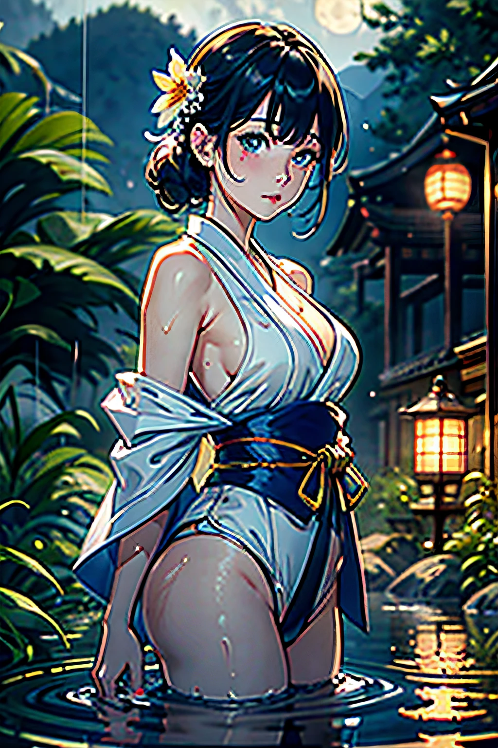 supergirl, breasts, moon, lantern, night, solo, large breasts, hair ornament, wet, kimono, japanese clothes, wading, water, hair flower, flower, outdoors, sky, full moon, rain, black hair, off shoulder, mountain, cloud, holding, sash, bare shoulders, paper lantern, standing, white kimono, night sky, sideboob, obi, wet clothes, bangs, tree, from side, reflection, short hair, cloudy sky, wet hair (((masterpiece),(extremely detailed CG unity 8k wallpaper),best quality,,solo,1girl,cinematic lighting,detailed background,beautiful detailed eyes,bright pupils, (an extremely delicate and beautiful),(Beautiful and detailed eye description)， ultra-detailed,masterpiece,)),