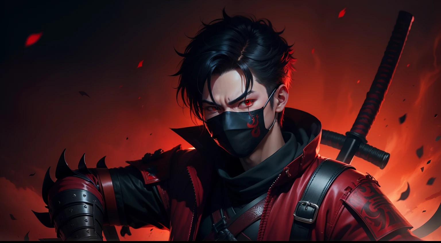 A boy red eye dark night red background oni mask with katana samurai style red jacket