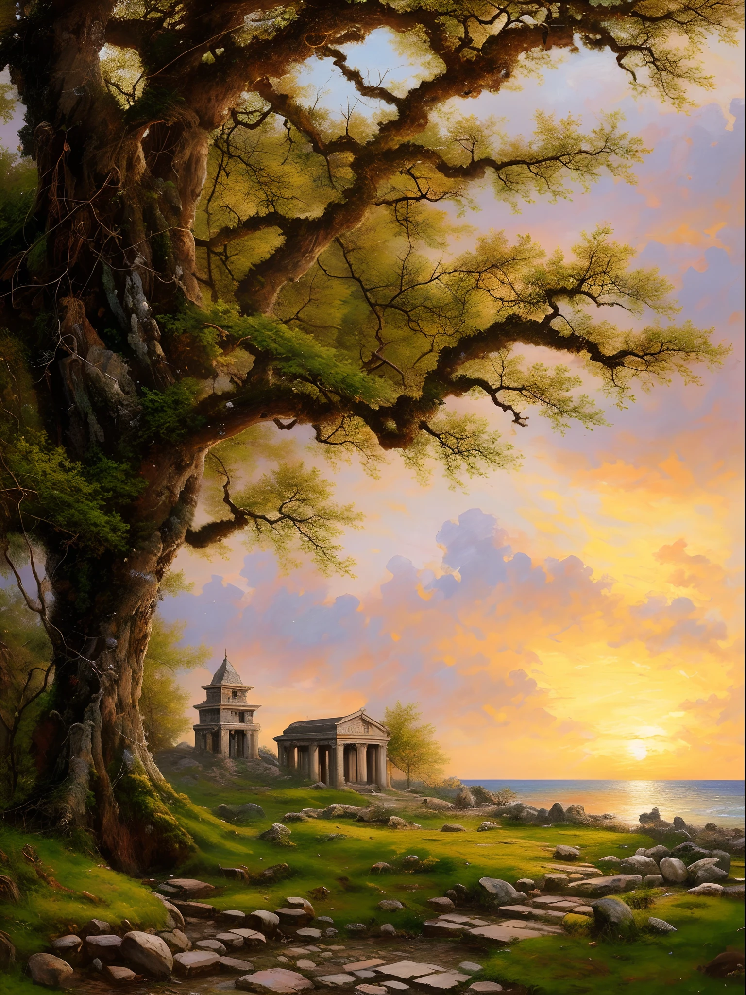 The dilapidated ruins of a Byzantine temple on a cliff by the sea, marble colonnades and arcades worn out by time, moss, ivy, A bygone era, nuarnaya atmosphere zab, The setting sun, the evening crimson sunset frames the walls of the temple, ((Стиль Ferdinand-Knab)), ((Hyper-realistic)), Gradient by style, Complicated details, Intricate, aesthetics. Palette knife-oil painting, dark scarlet:0.2/blau:0.2, ((Best Quality, tmasterpiece)), (extreme hight detail), impressionism:0.2, Octane Render, 8K