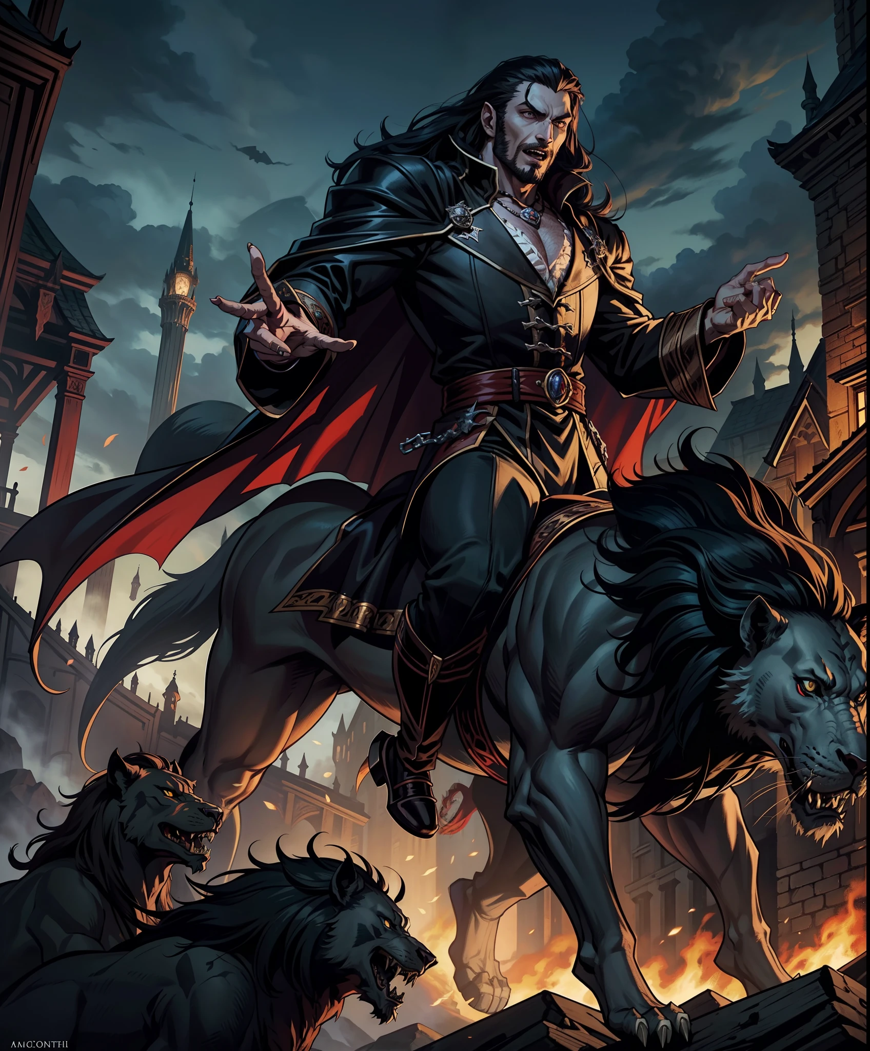 Lord Dracula Castlevania lords of the shadows riding great Legendary roaring lion with army of demons behind him hyper realistic super detailed