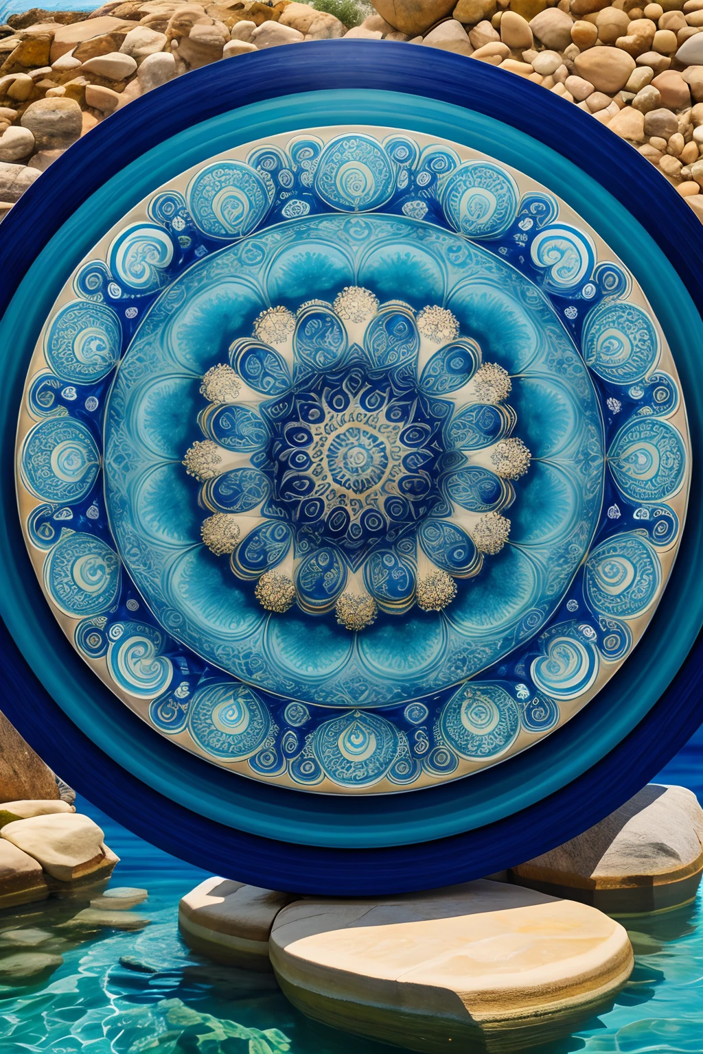A round ornamental mandala made of a swirling, whirlpool of splashing blue ocean water, surrounded by rocks.