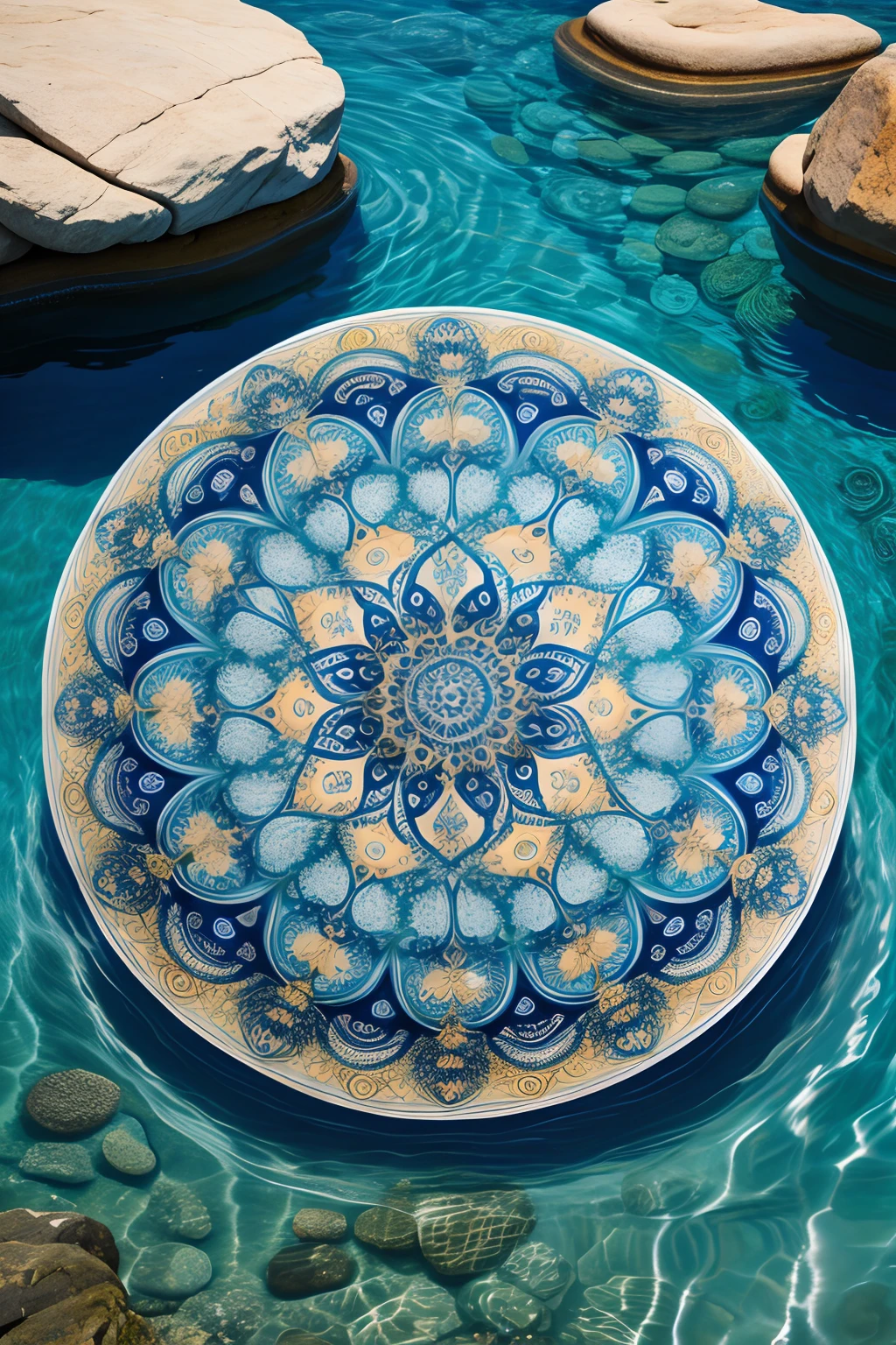 A round ornamental mandala made of a swirling, whirlpool of splashing blue ocean water, surrounded by rocks.