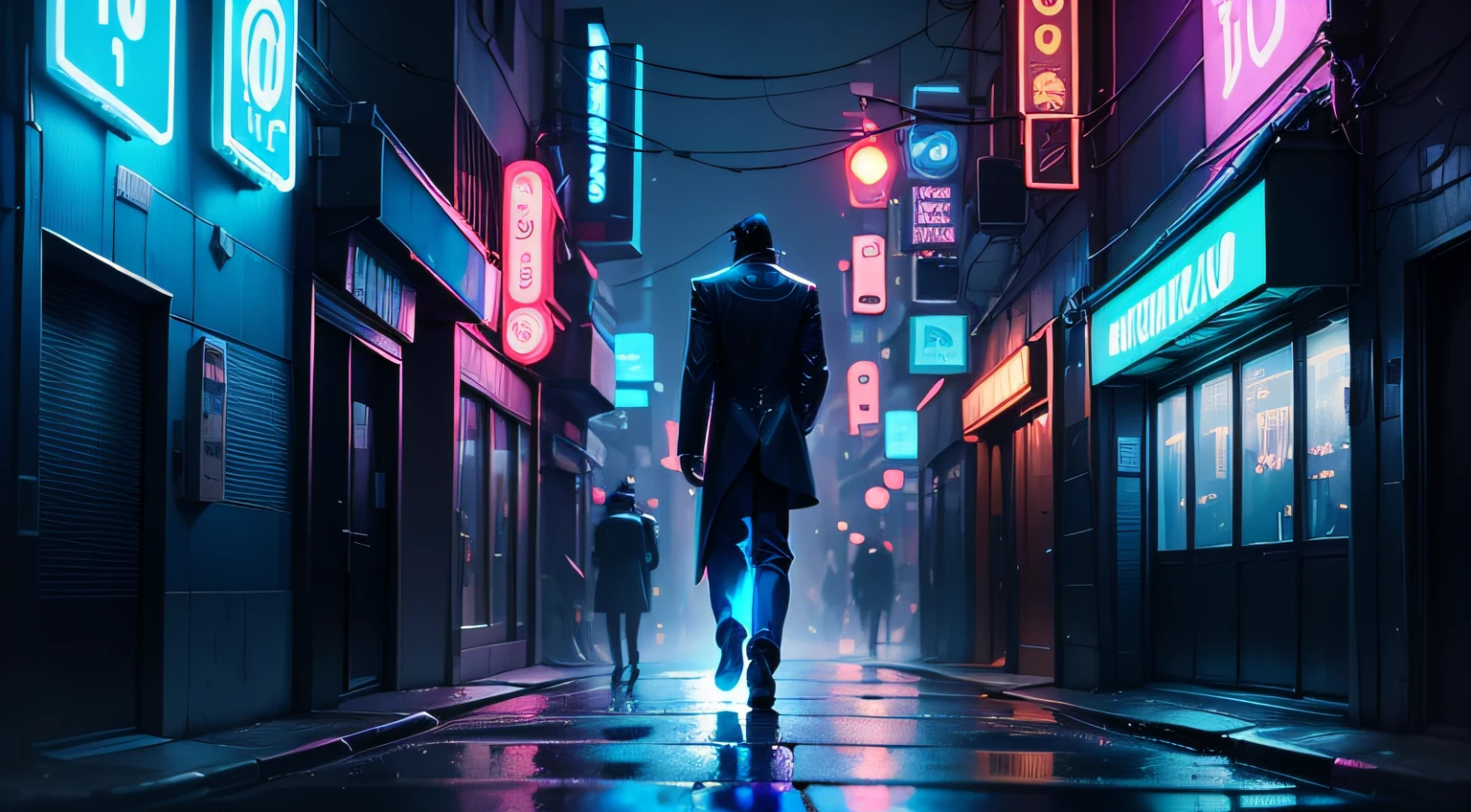 A futuristic version of The Cotton Club jazz made of blue neon light on a dark, rainy street of a cyberpunk city. Ao seu redor, hologramas de notas musicais flutuam e brilham suavemente, cartoon