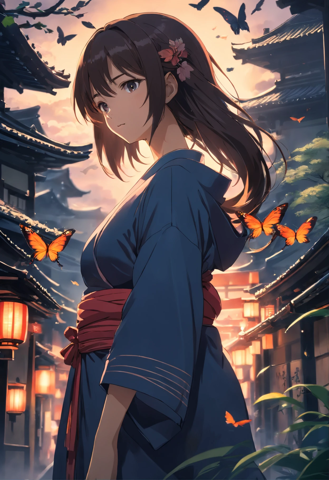 (Ancient Japan:1.2),(Best quality,A high resolution,Masterpiece:1.2),(cinematic Film still from),(Dark atmosphere:1.4),(1womanl),(A 23-year-old woman with semi-long hair and big breasts:1.2),(up-close,Only the upper body is shown:1.0),(baggy clothes,Looming chest:1.2),(depth of fields),(Background covered with butterflies:1.05)
