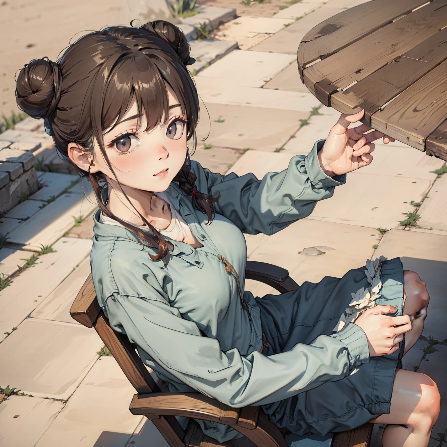 8K,Best quality, Masterpiece, 超高分辨率, (Photorealistic:1.4), RAW photo, (Authentic skin texture:1.3), (filmgrain:1.3), (Selfie angle),1girll, A bun hairstyle, Brown hair, Sitting, chair, Bored, Hand on chin, Beautiful detailed eyes and face,Masterpiece, Best quality,Close-up,upper bod,